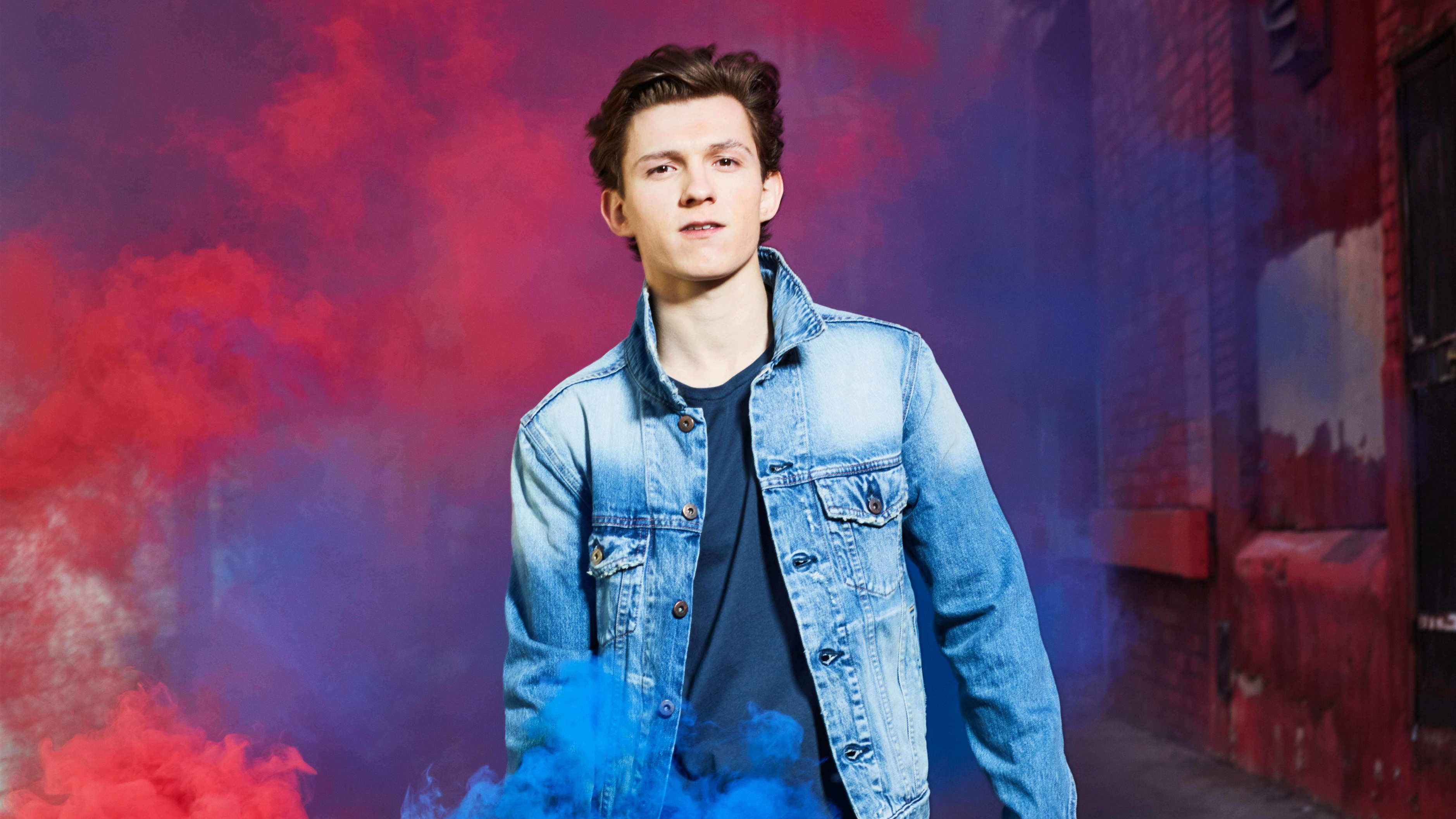 Tom Holland in Denim Jacket with Smoke HD Wallpaper