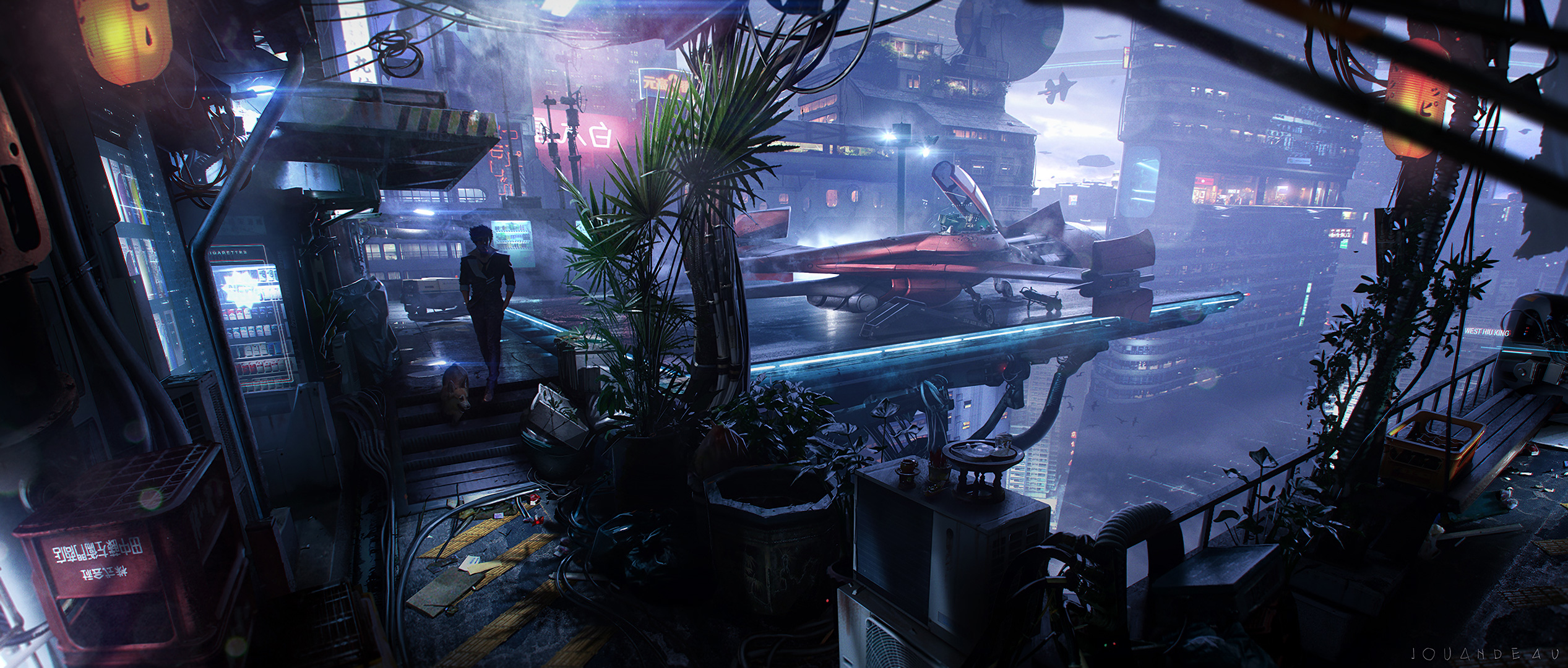 Sci-fi cityscape with a futuristic vehicle HD Wallpaper