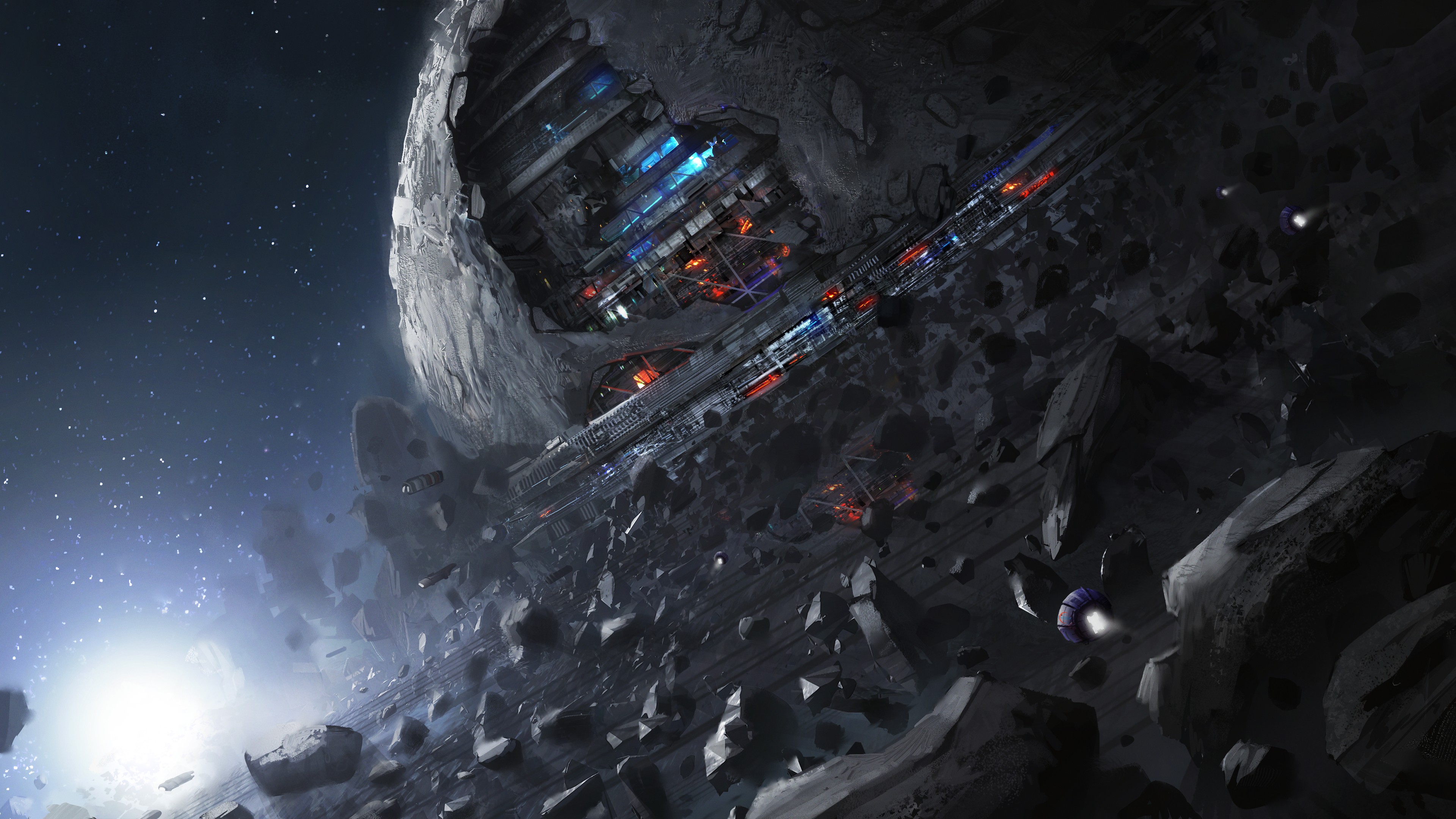 Space station inside an asteroid HD Wallpaper