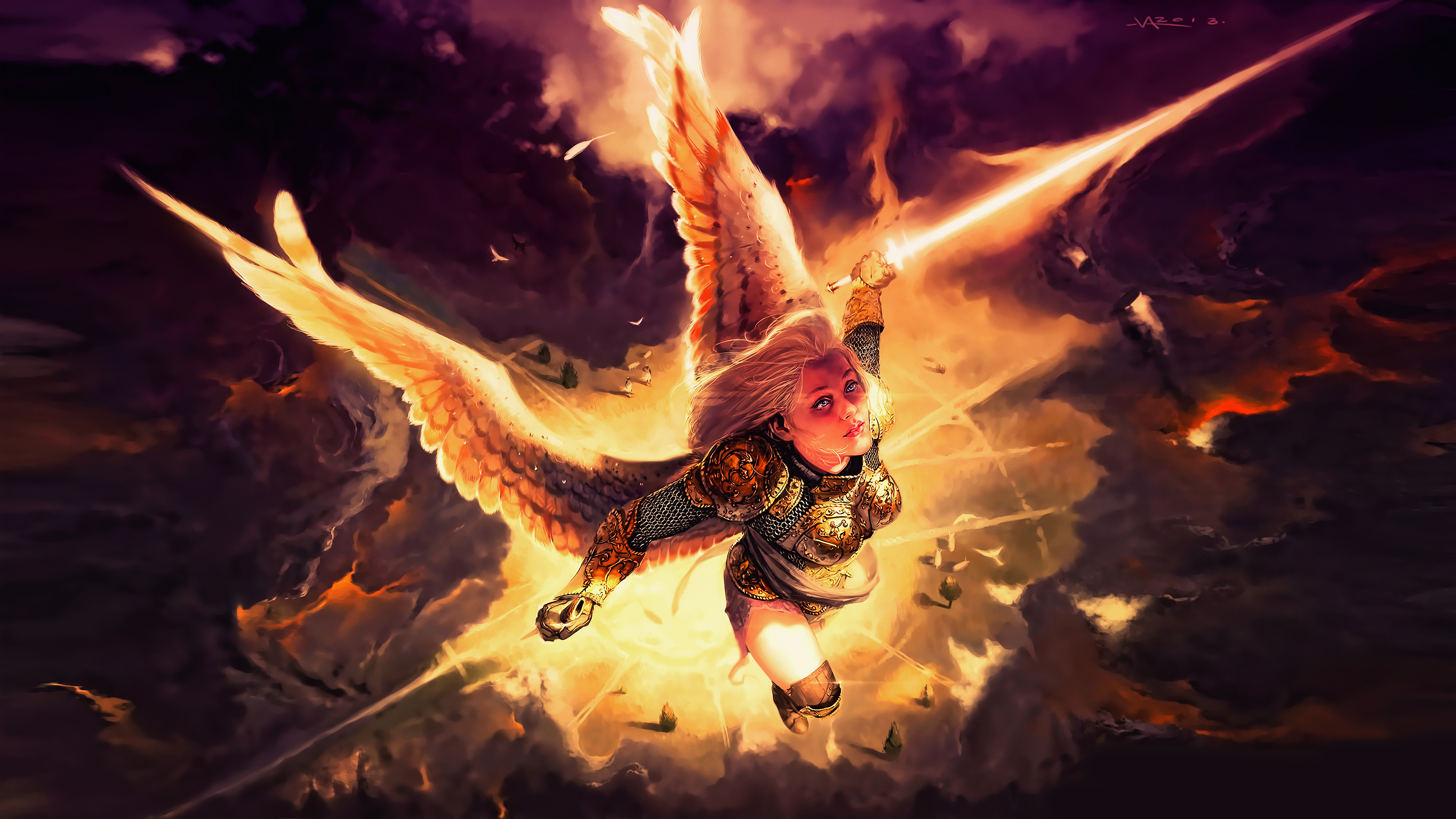 Angel with sword in dramatic sky HD Wallpaper