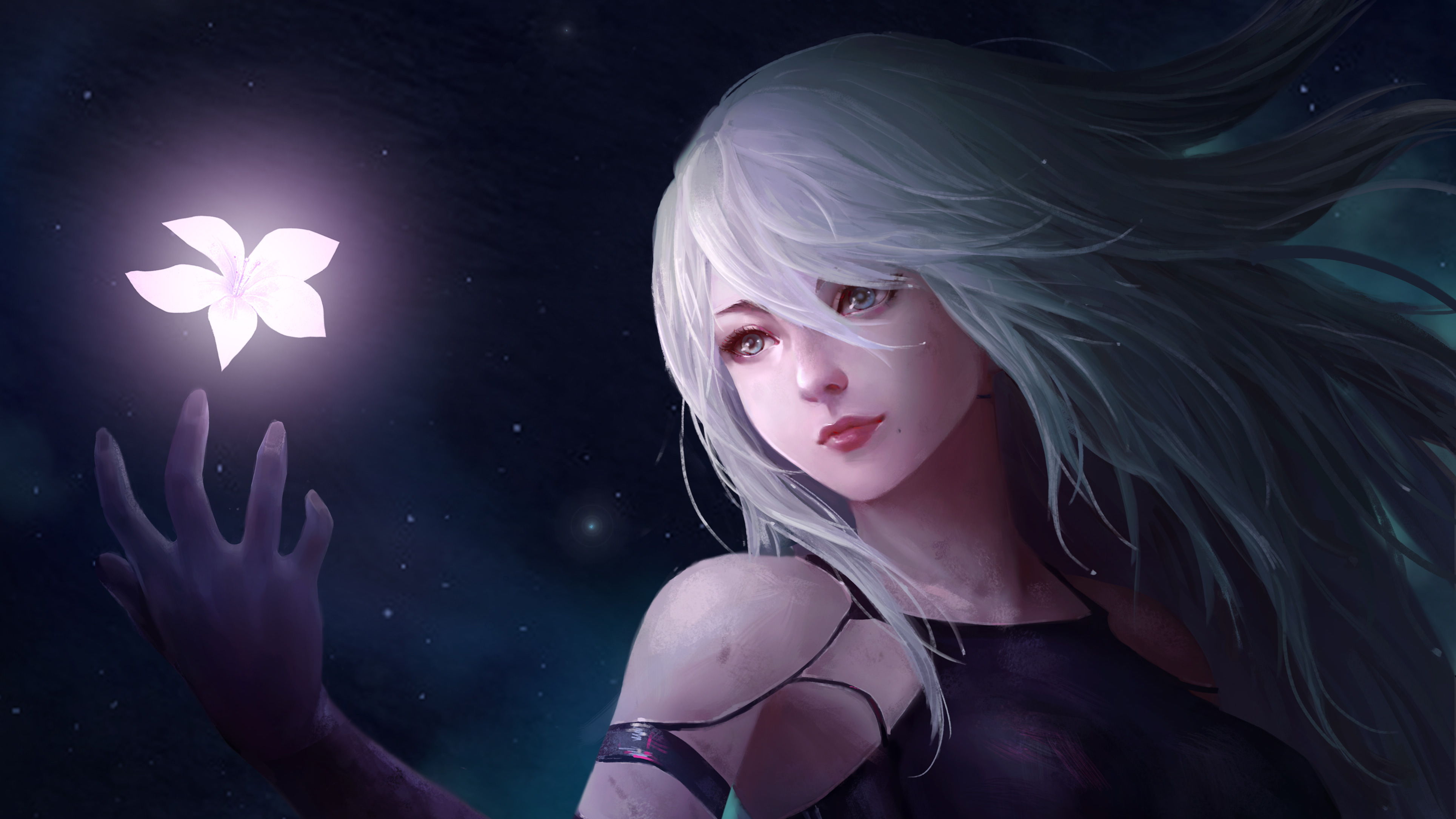 2B from Nier: Automata with a glowing flower HD Wallpaper