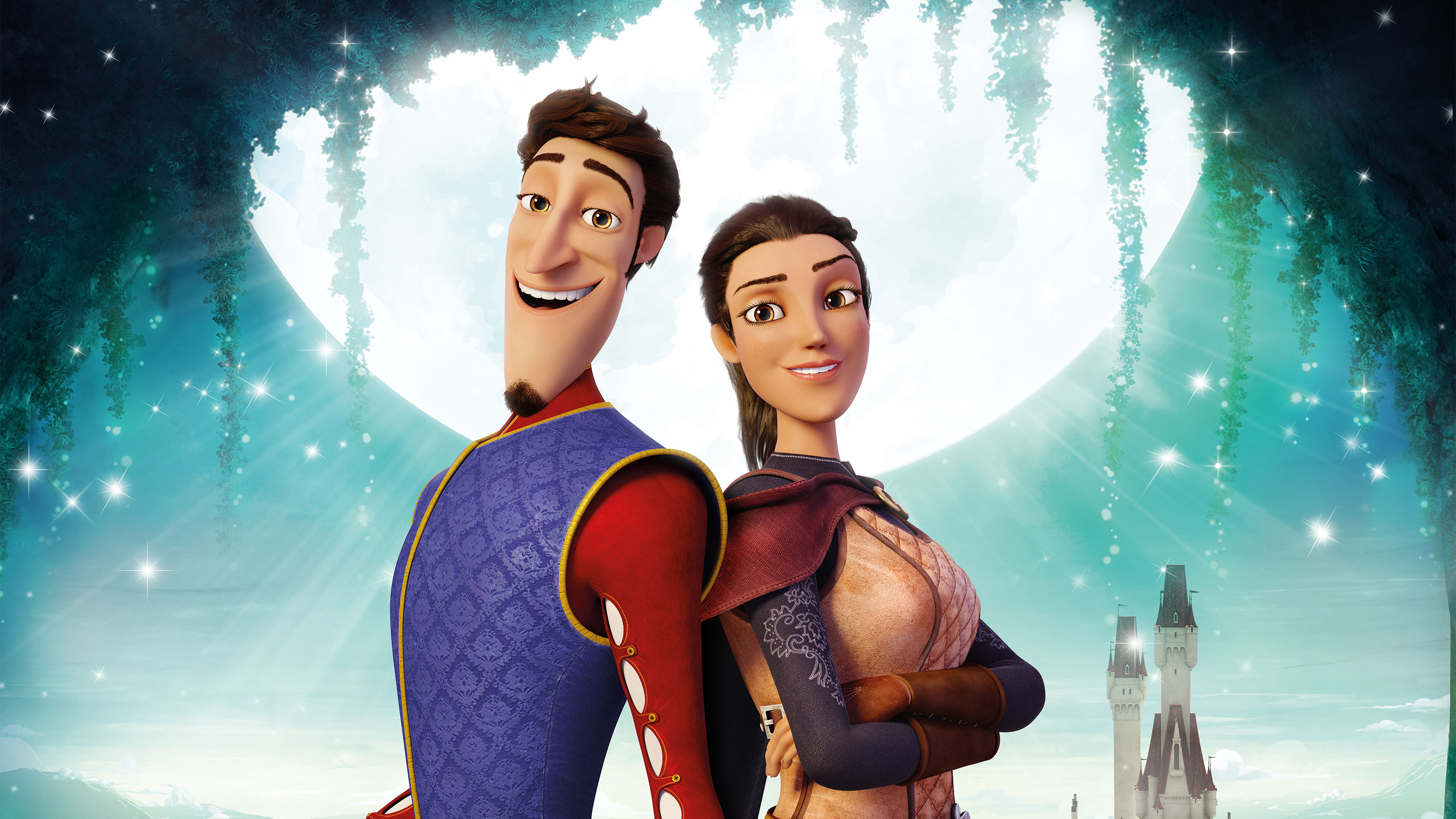 Animated movie characters in front of a moon and castle HD Wallpaper