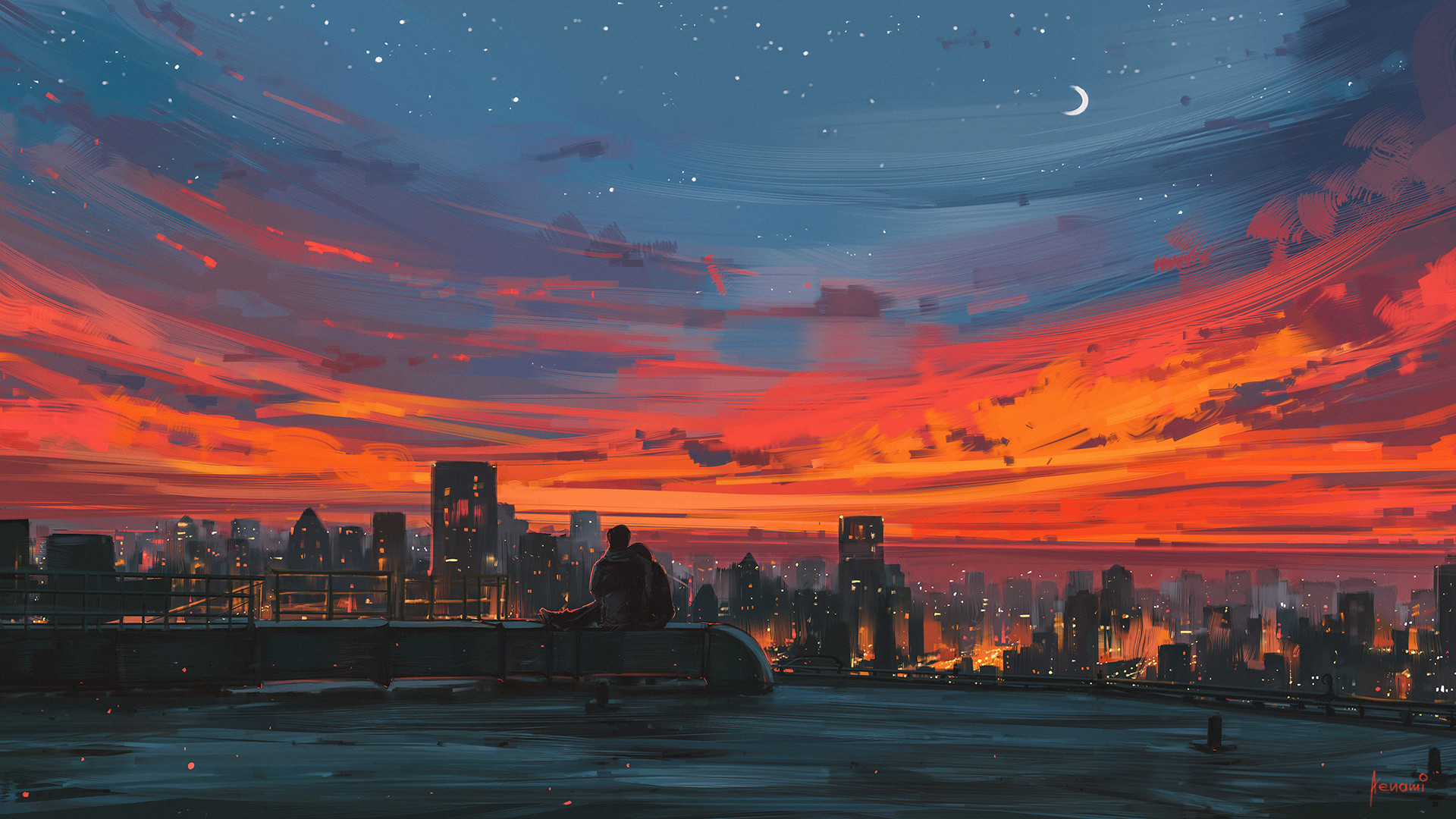 Couple Watching City Sunset Under Starry Sky HD Wallpaper