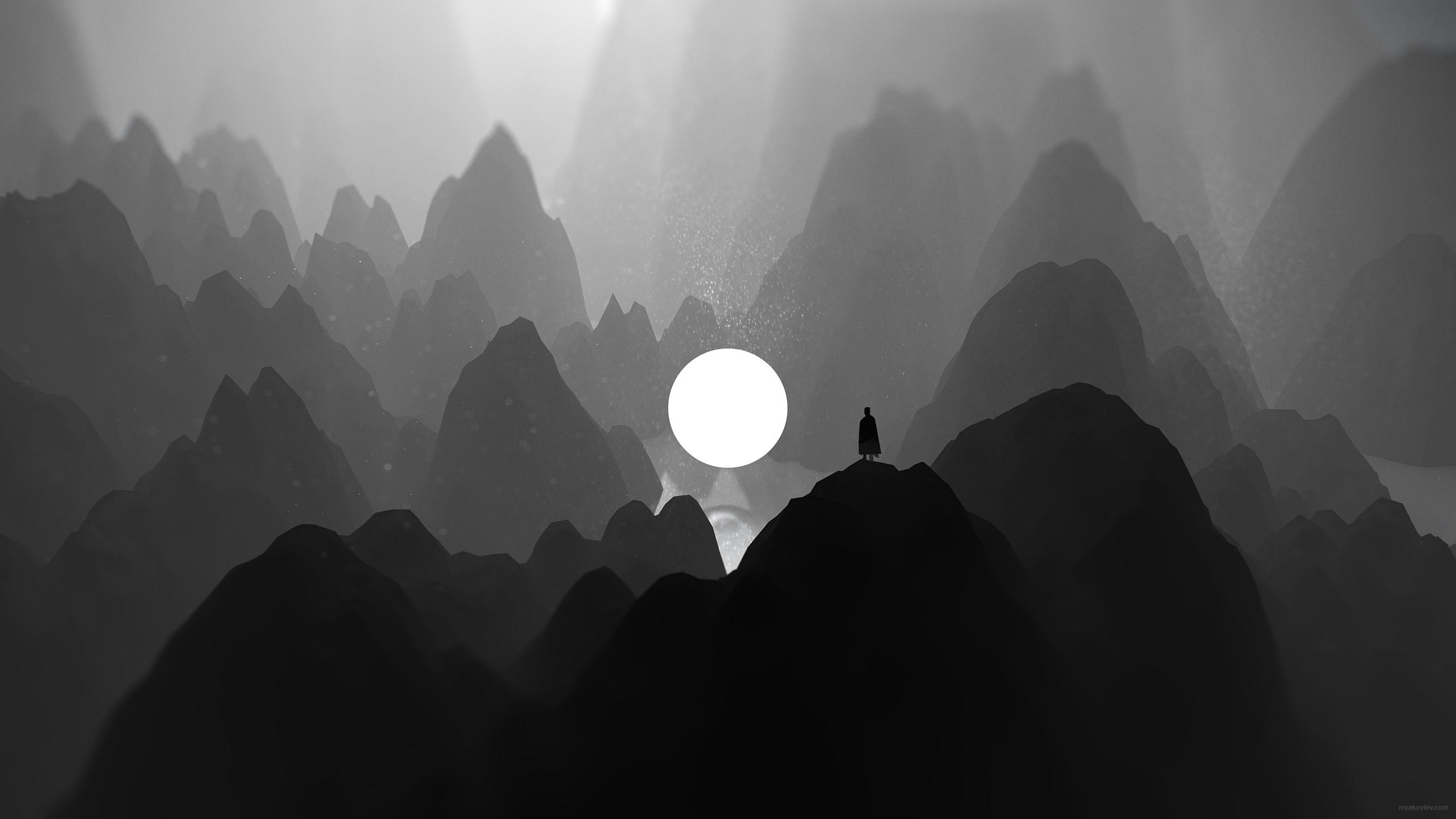 Monochrome digital art of a person on a mountain peak with a large moon HD Wallpaper