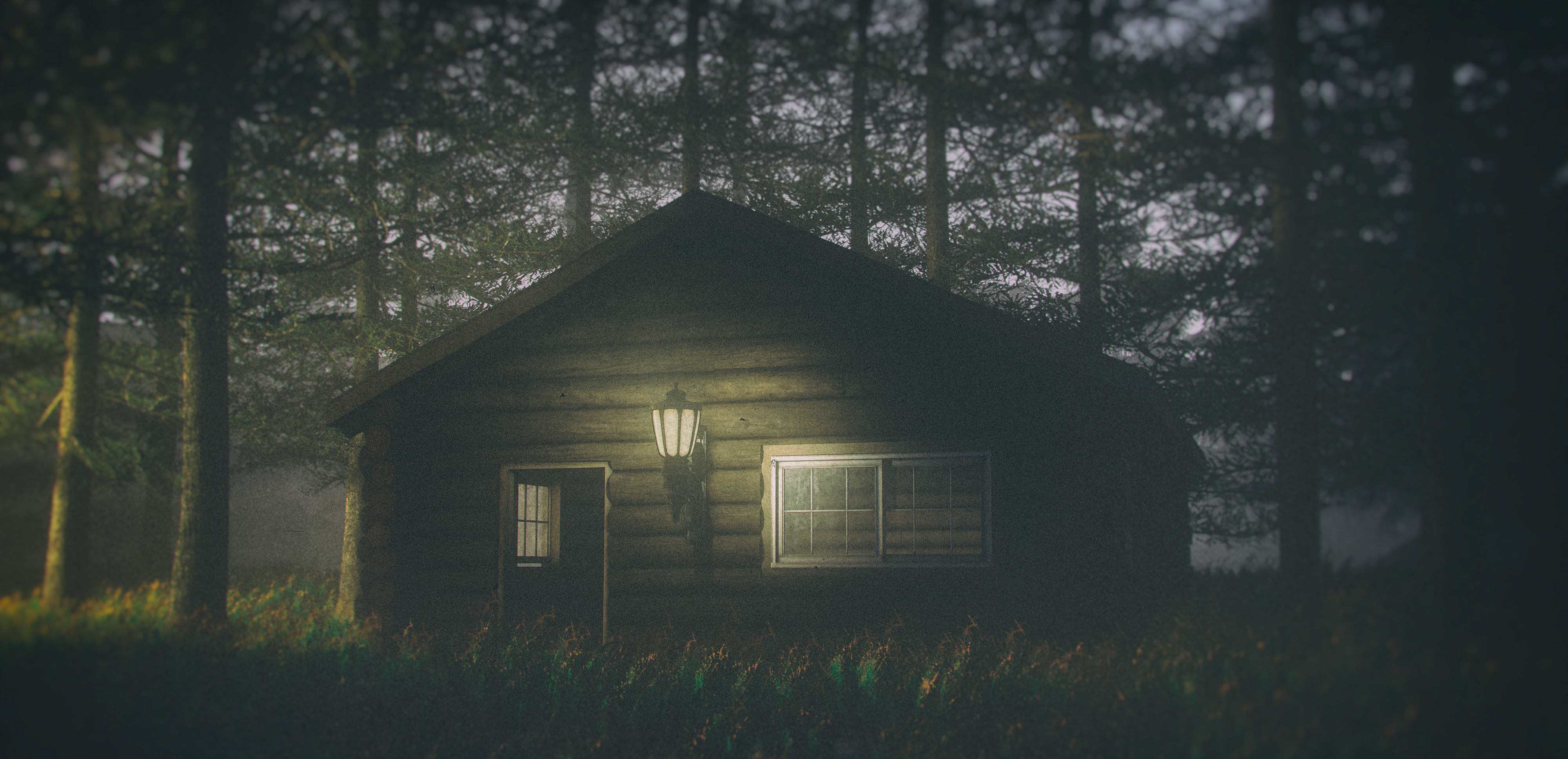 Log cabin in a dark forest with a lamp HD Wallpaper