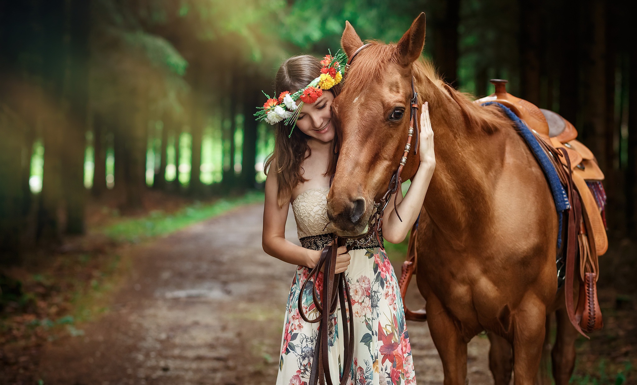 Girl with flower crown and horse in forest HD Wallpaper