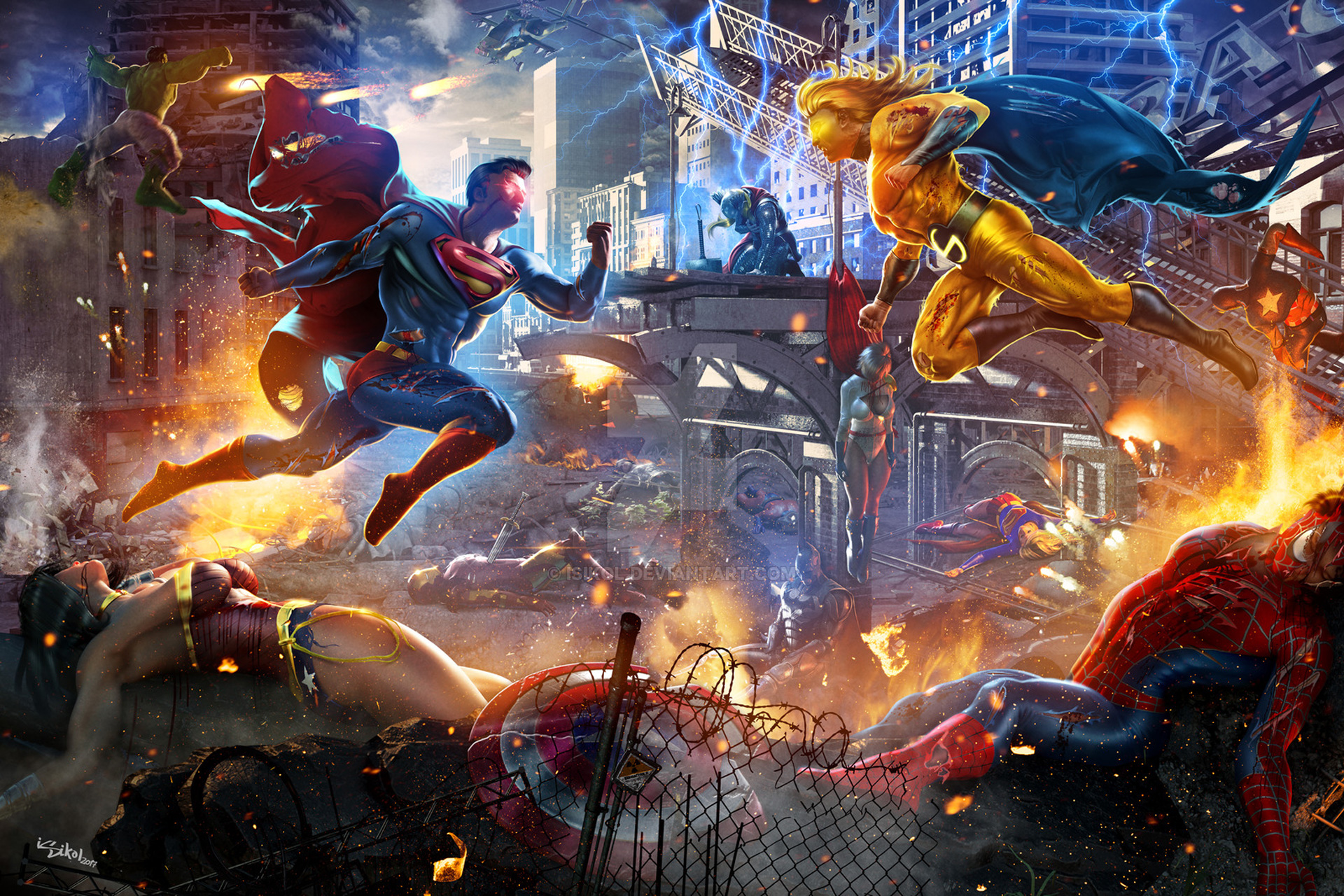 Superman and Sentry fight amidst destruction HD Wallpaper