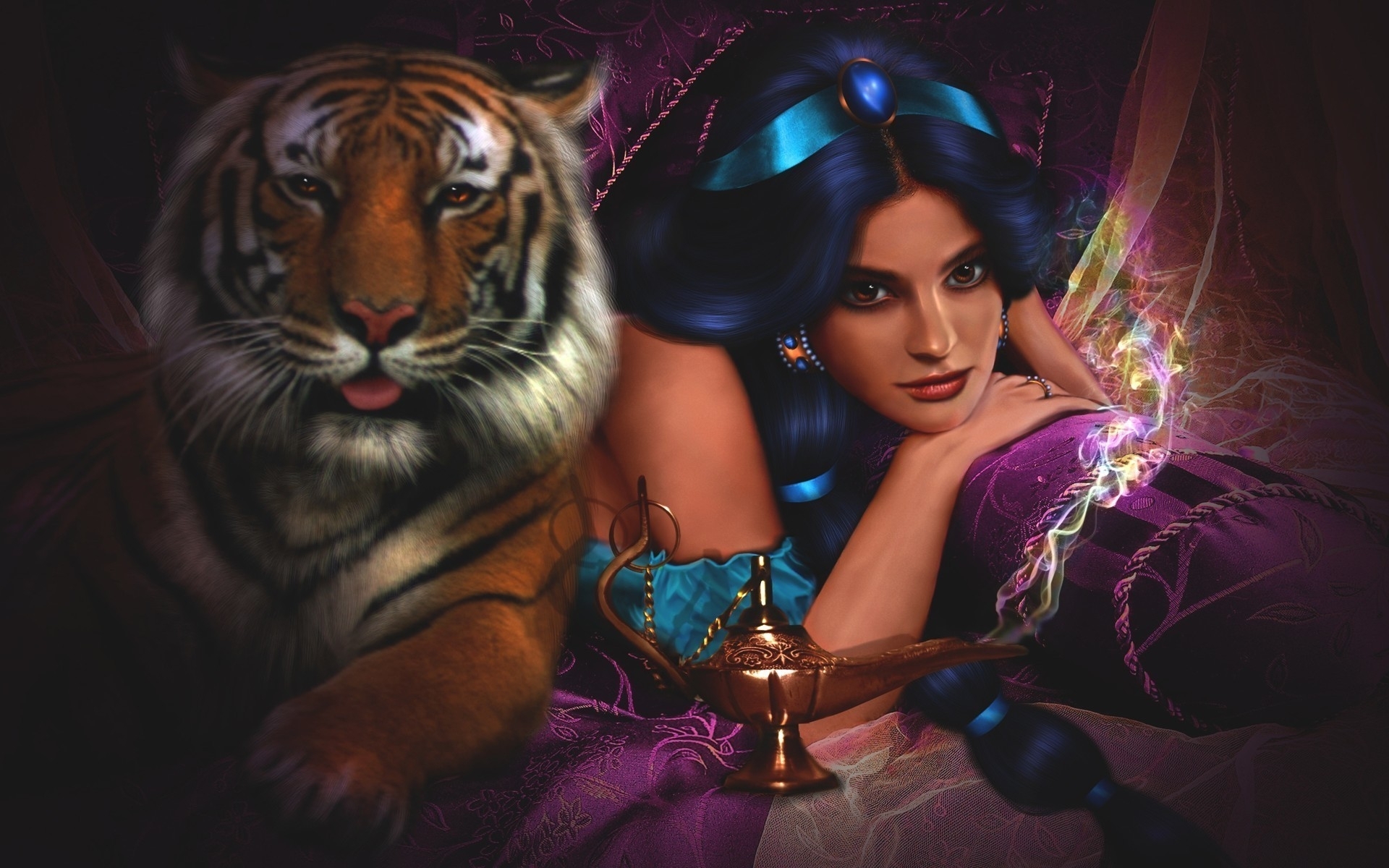 Jasmine with a tiger and a magic lamp HD Wallpaper