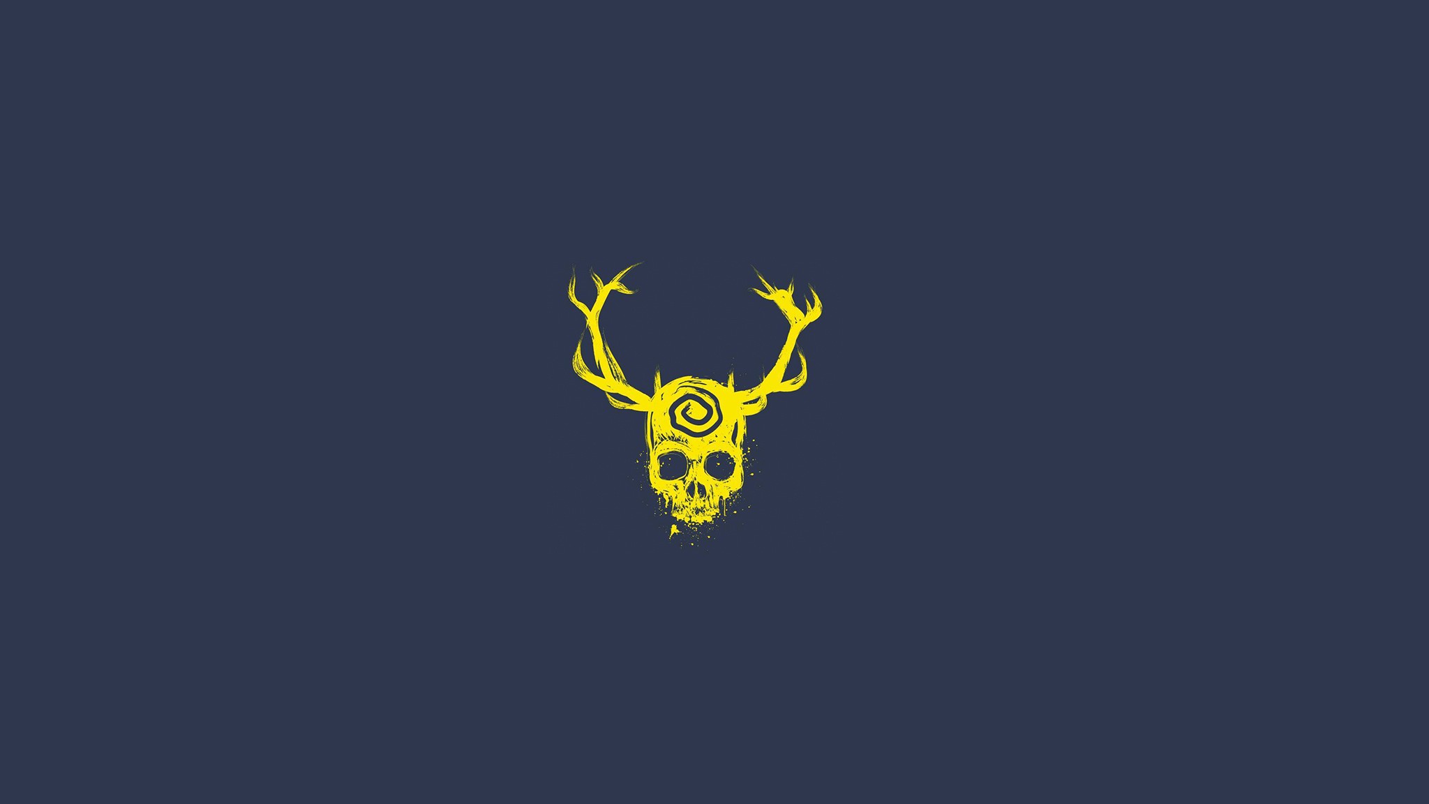 Yellow skull with antlers and spiral on dark blue background HD Wallpaper