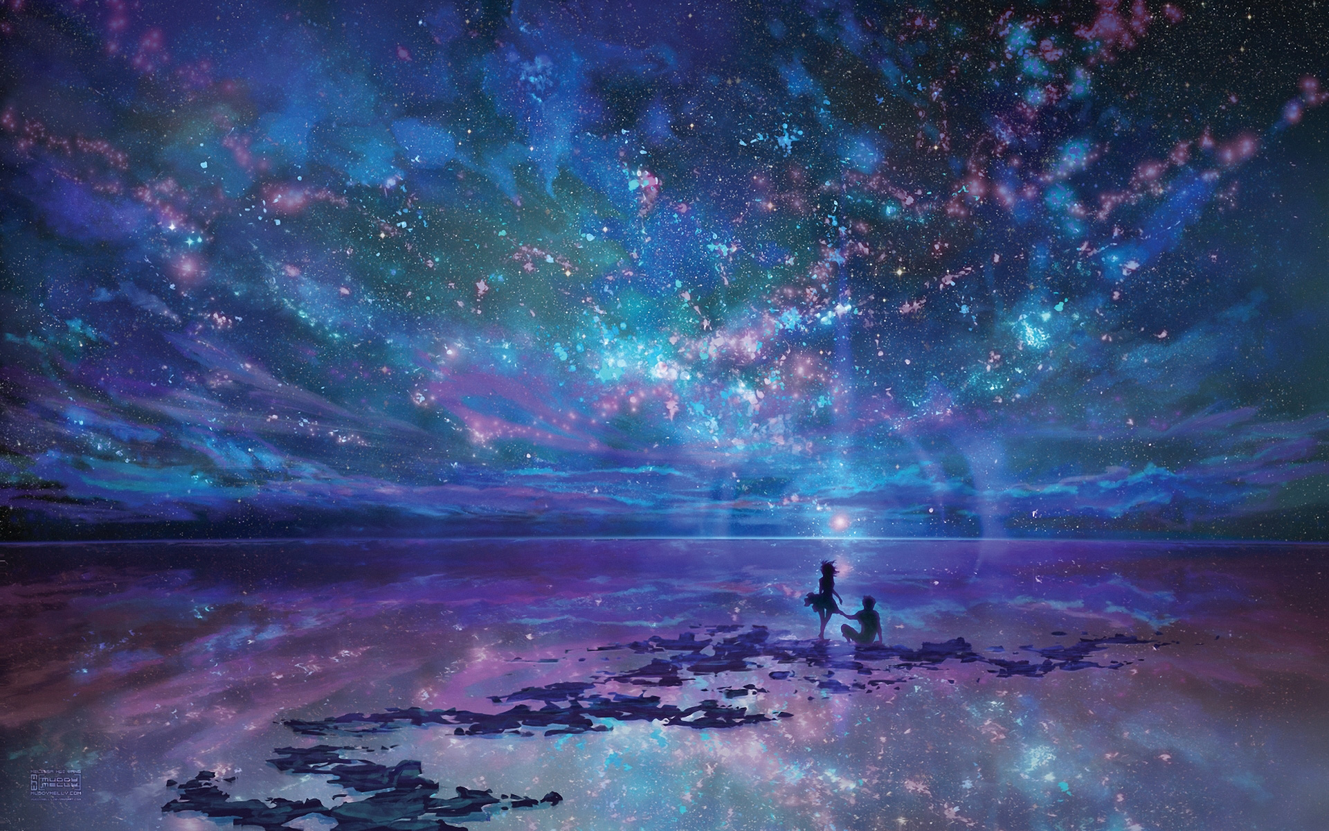 Couple watching a starry sky reflection HD Wallpaper