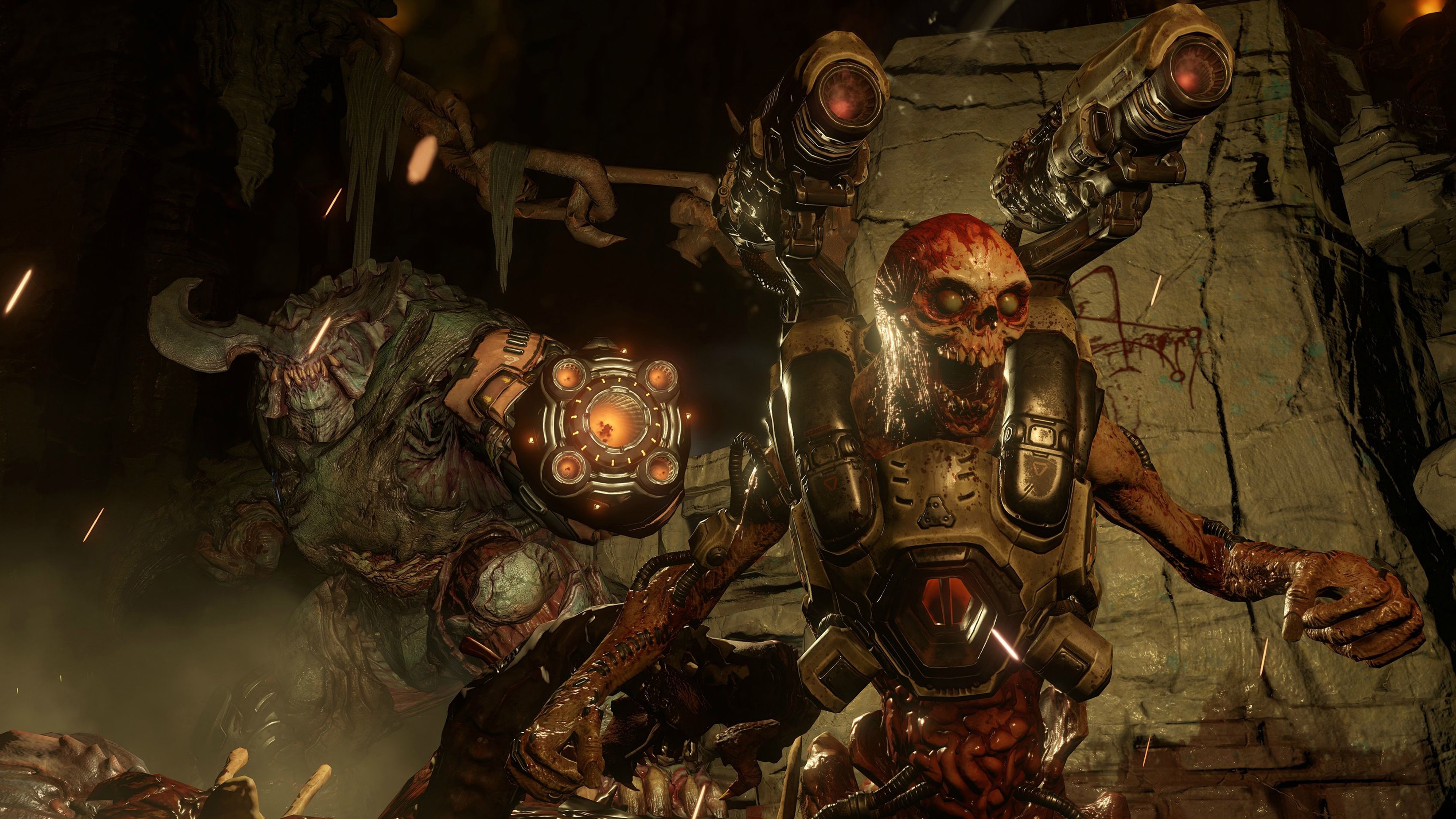 Doom Slayer fighting demons in a cave HD Wallpaper