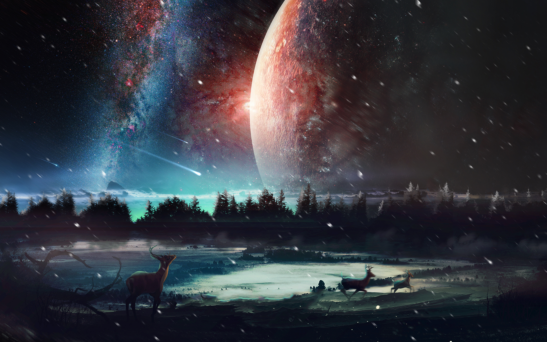 Deer in a snowy landscape with a galaxy and planet HD Wallpaper