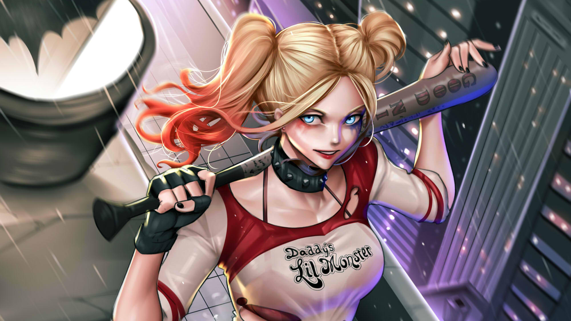 Harley Quinn with Baseball Bat in Rainy Night HD Wallpaper