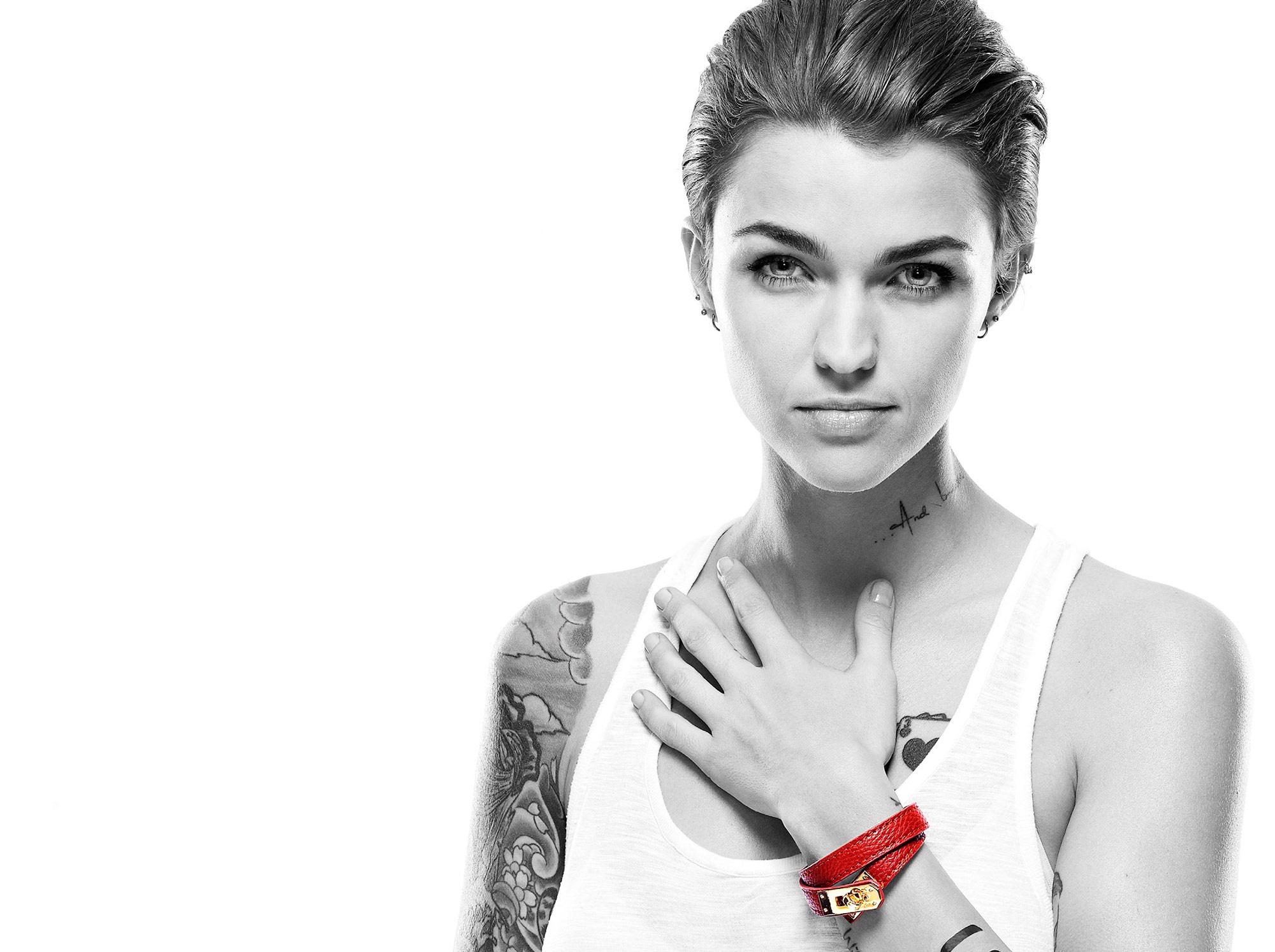 Ruby Rose with tattoos and red bracelet HD Wallpaper