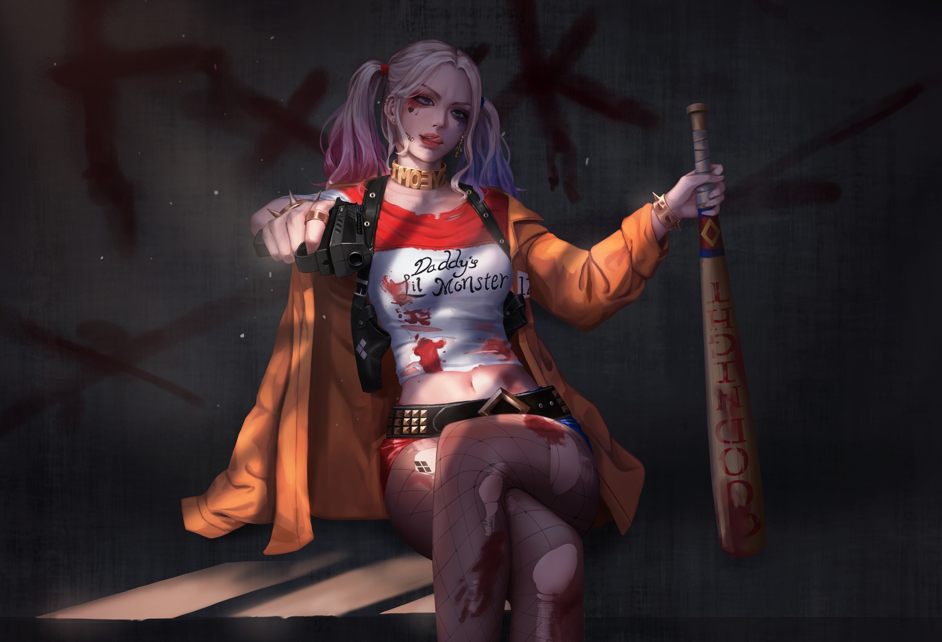 Harley Quinn with Gun and Baseball Bat HD Wallpaper