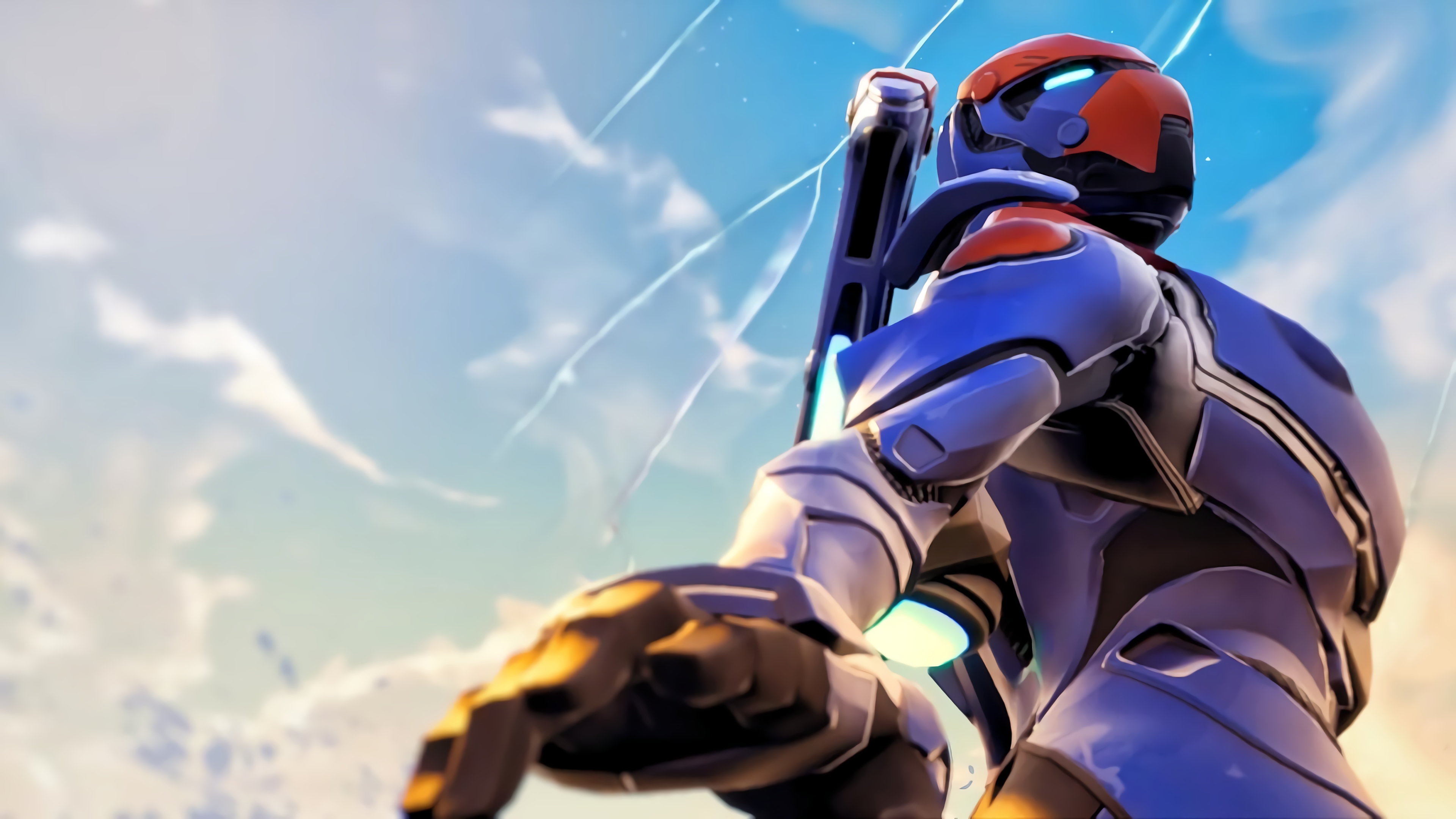 Fortnite character in blue and orange armor HD Wallpaper