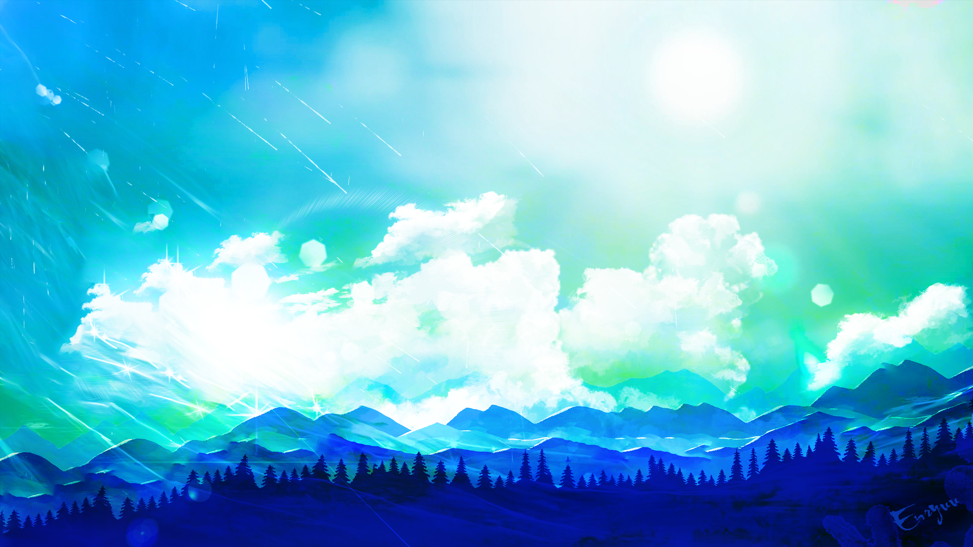 Digital Art of Mountains, Forest, and Clouds HD Wallpaper