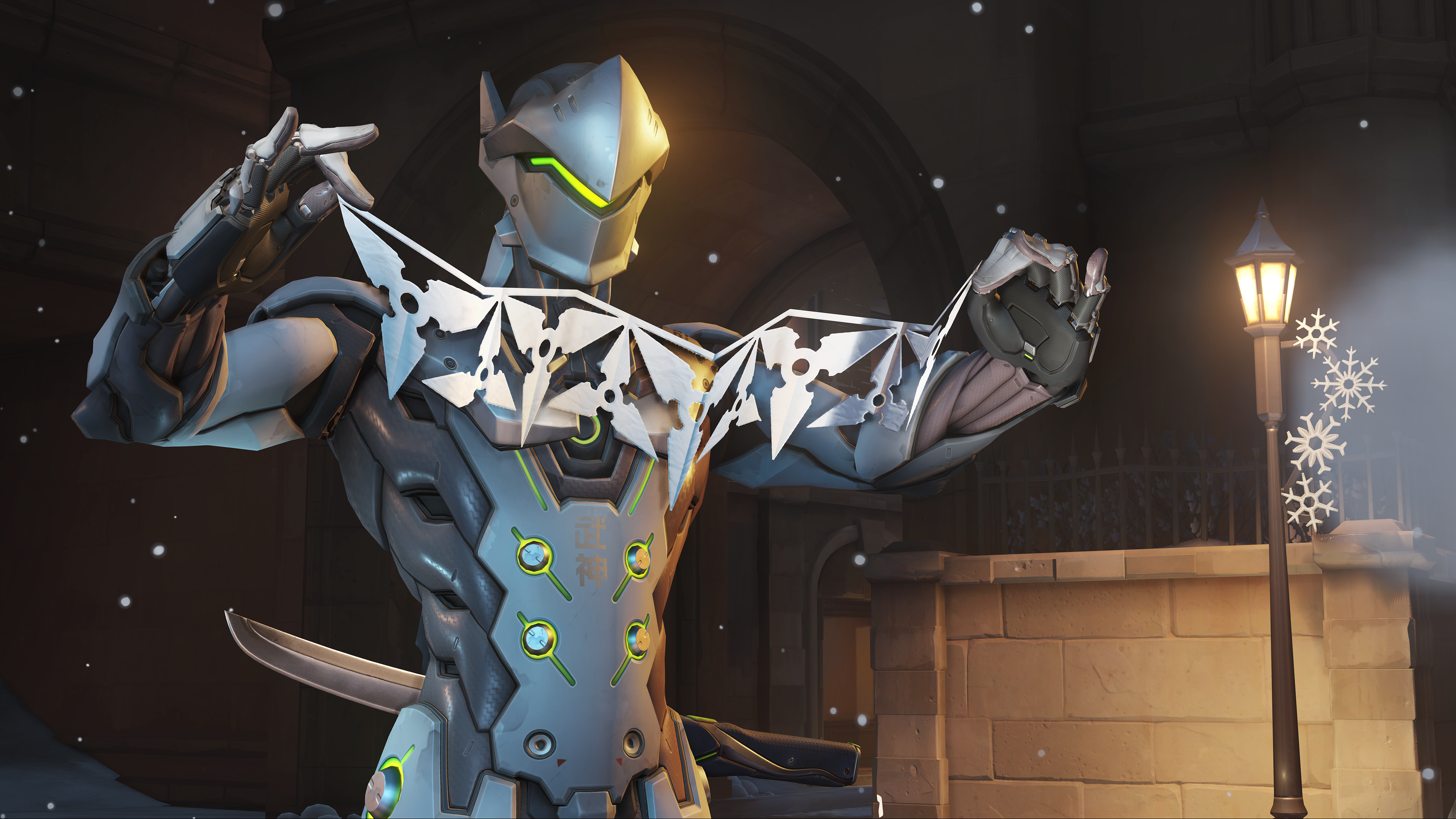 Genji from Overwatch holding snowflake decorations HD Wallpaper