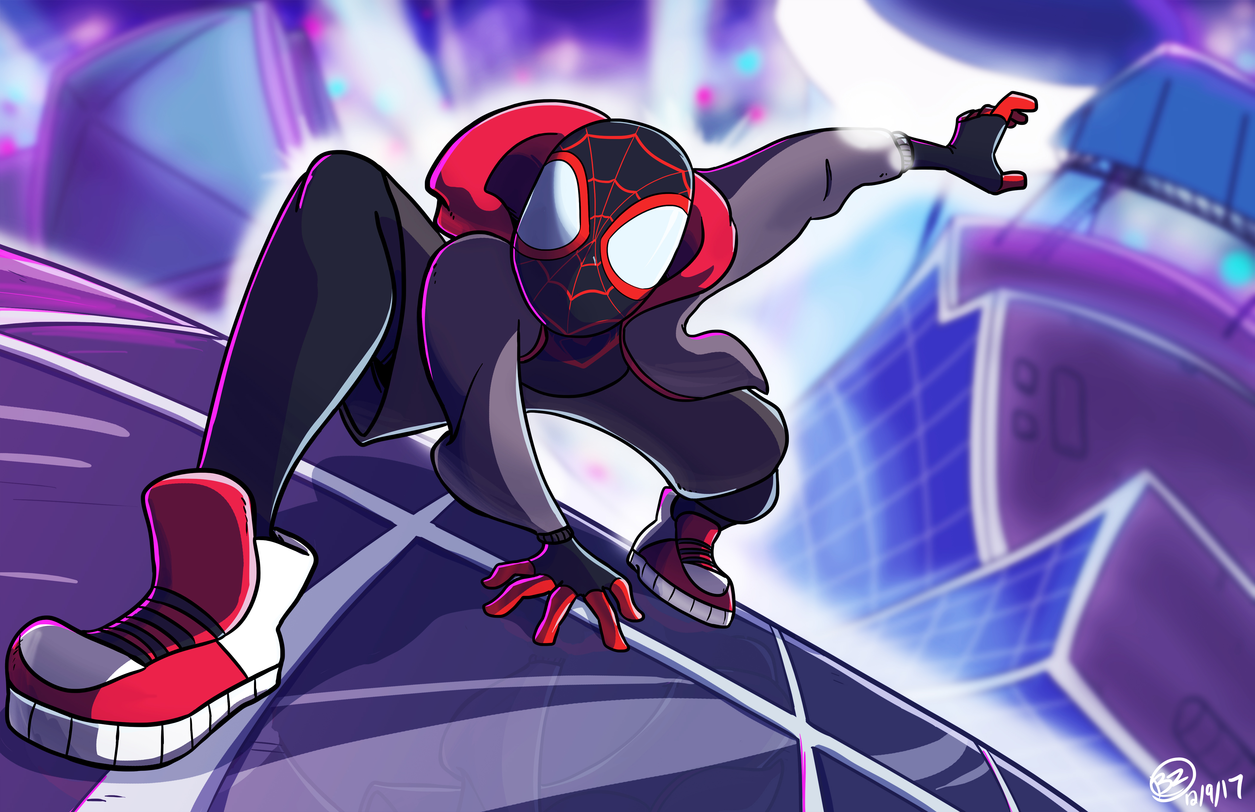 Miles Morales as Spider-Man in a futuristic city HD Wallpaper