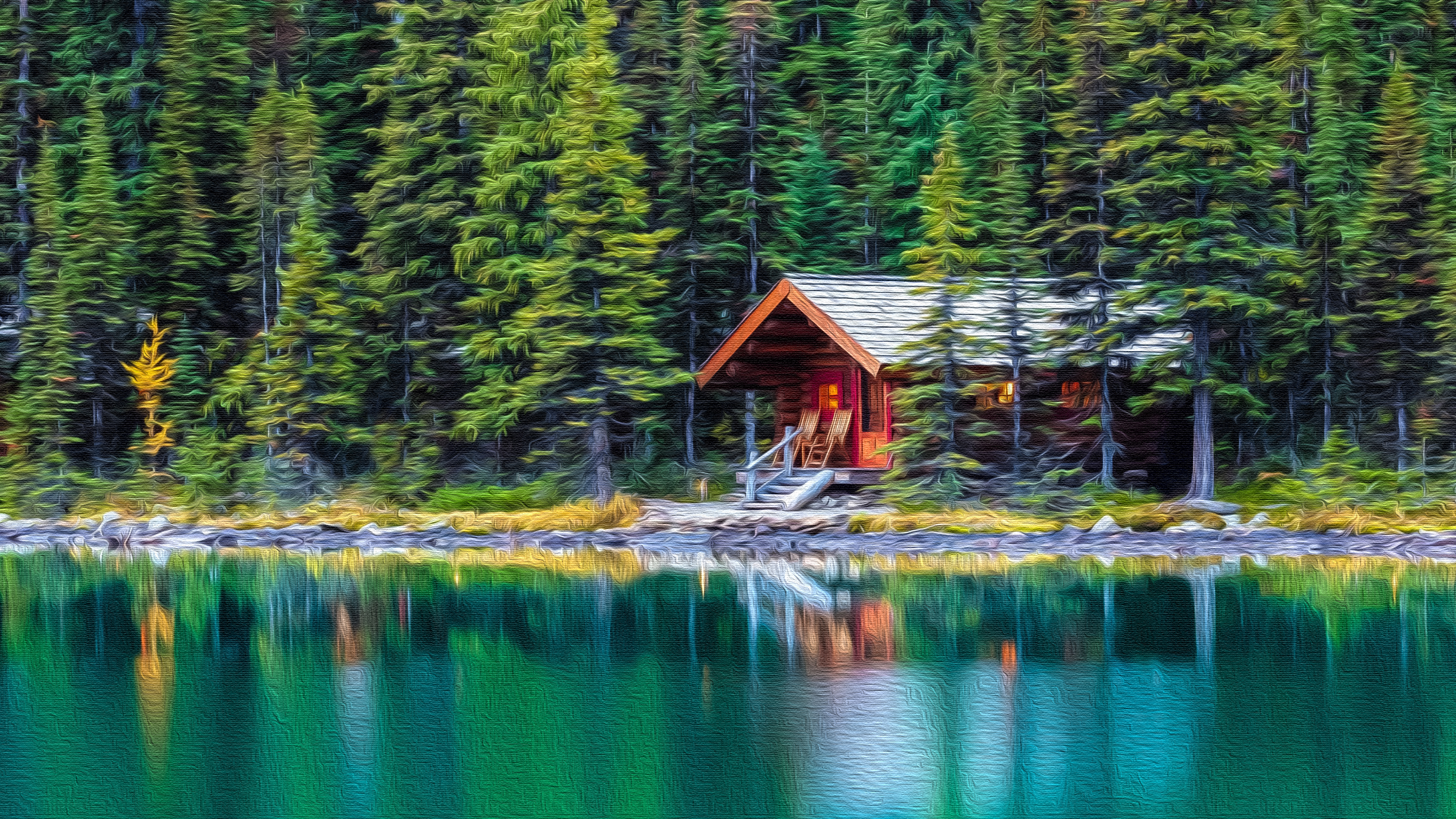 Cabin by a lake in a forest HD Wallpaper