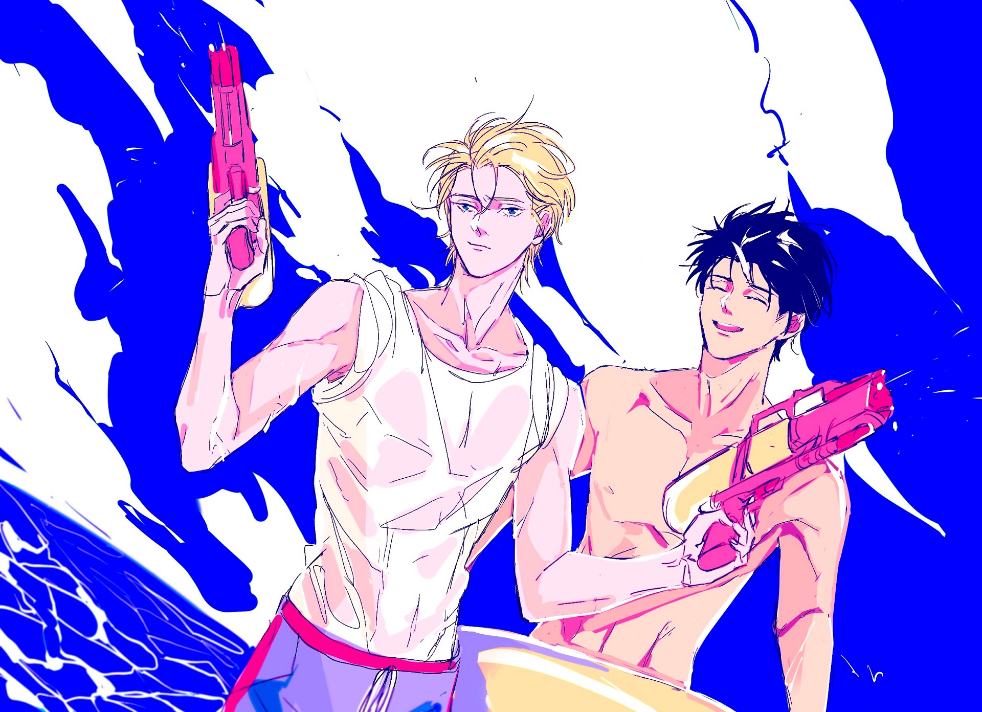 Ash Lynx and Eiji Okumura from Banana Fish with water guns HD Wallpaper