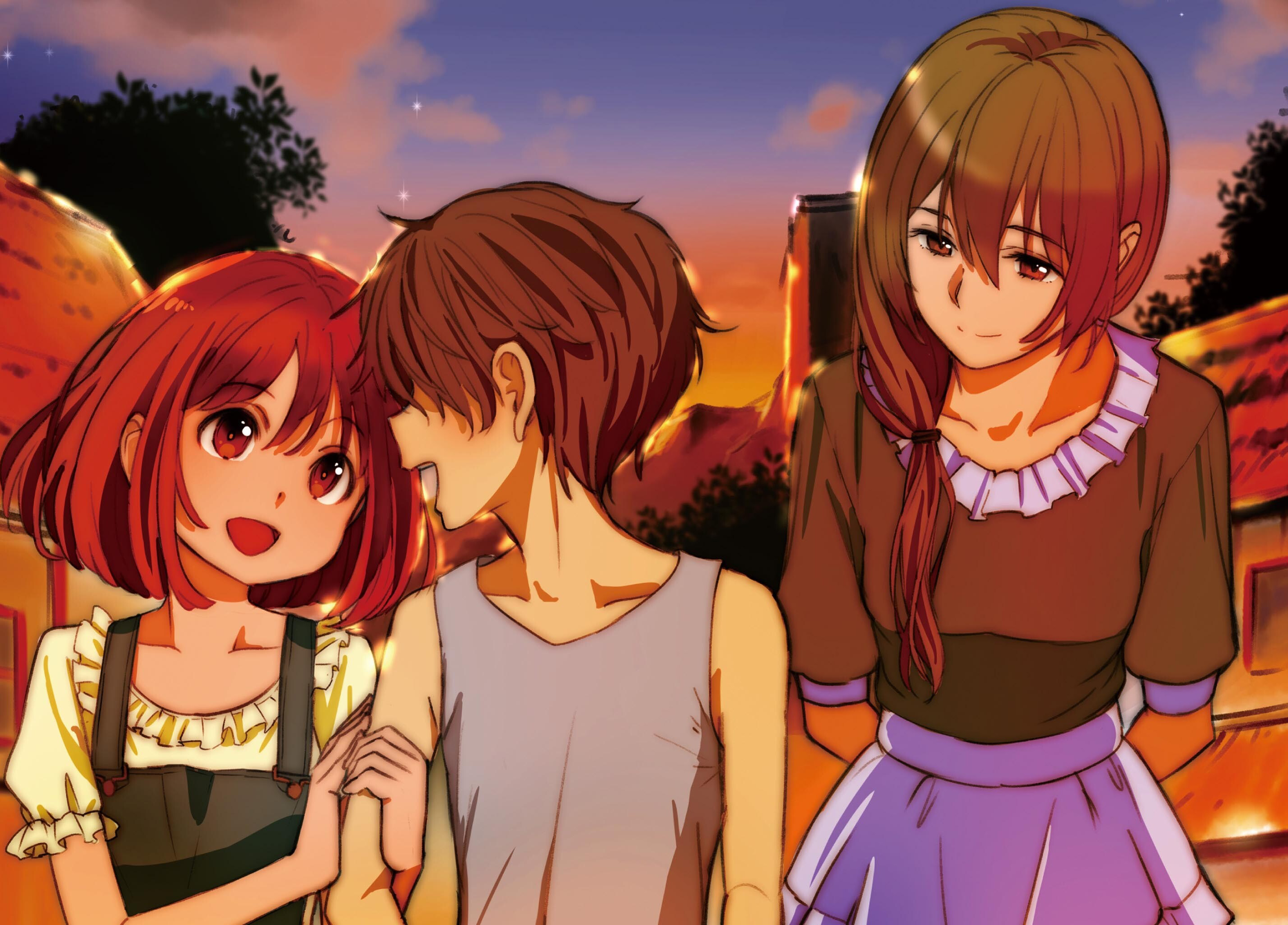Three young people in a village at sunset HD Wallpaper