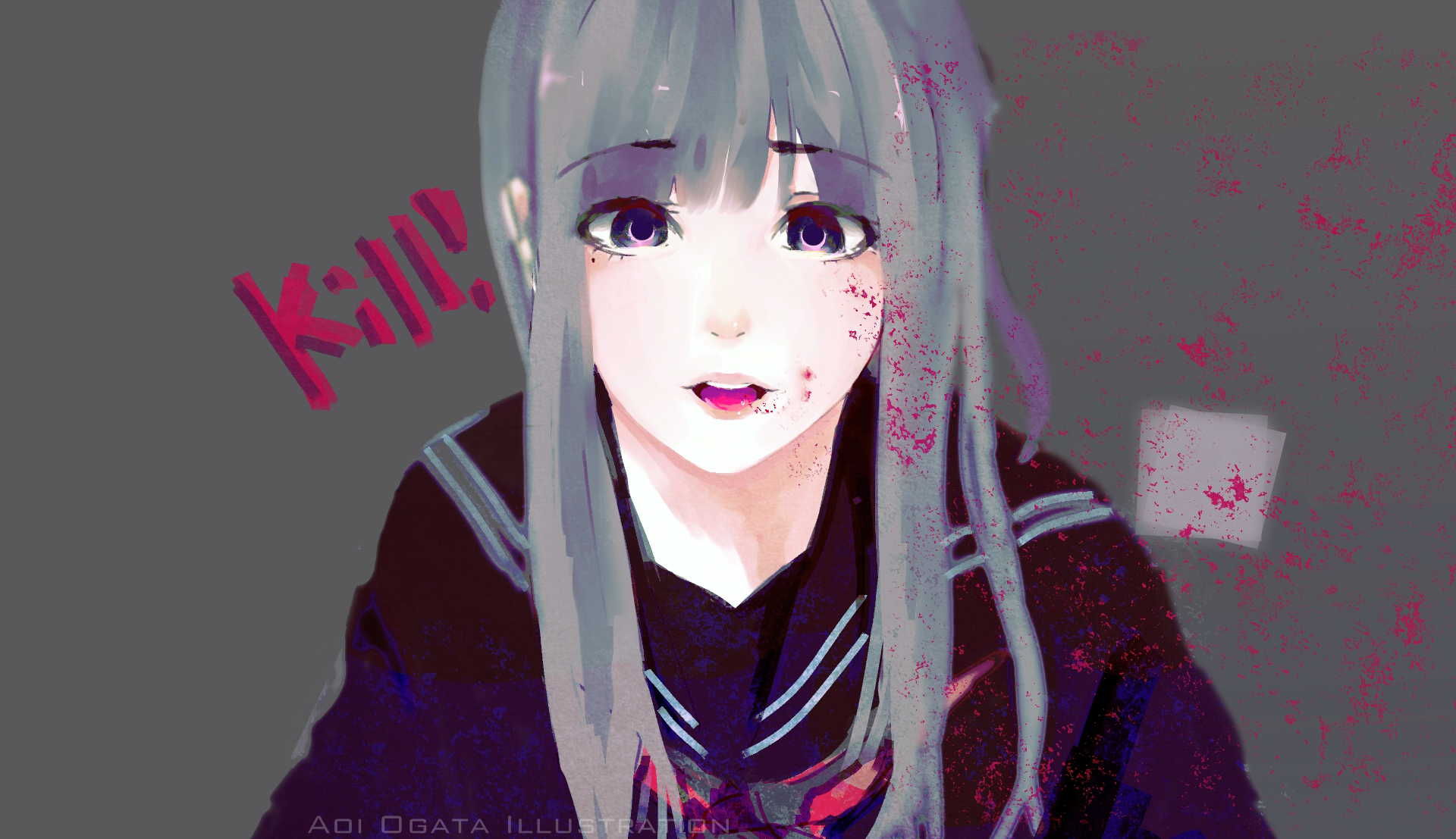 Girl with blood splatters and text "Kill!" HD Wallpaper