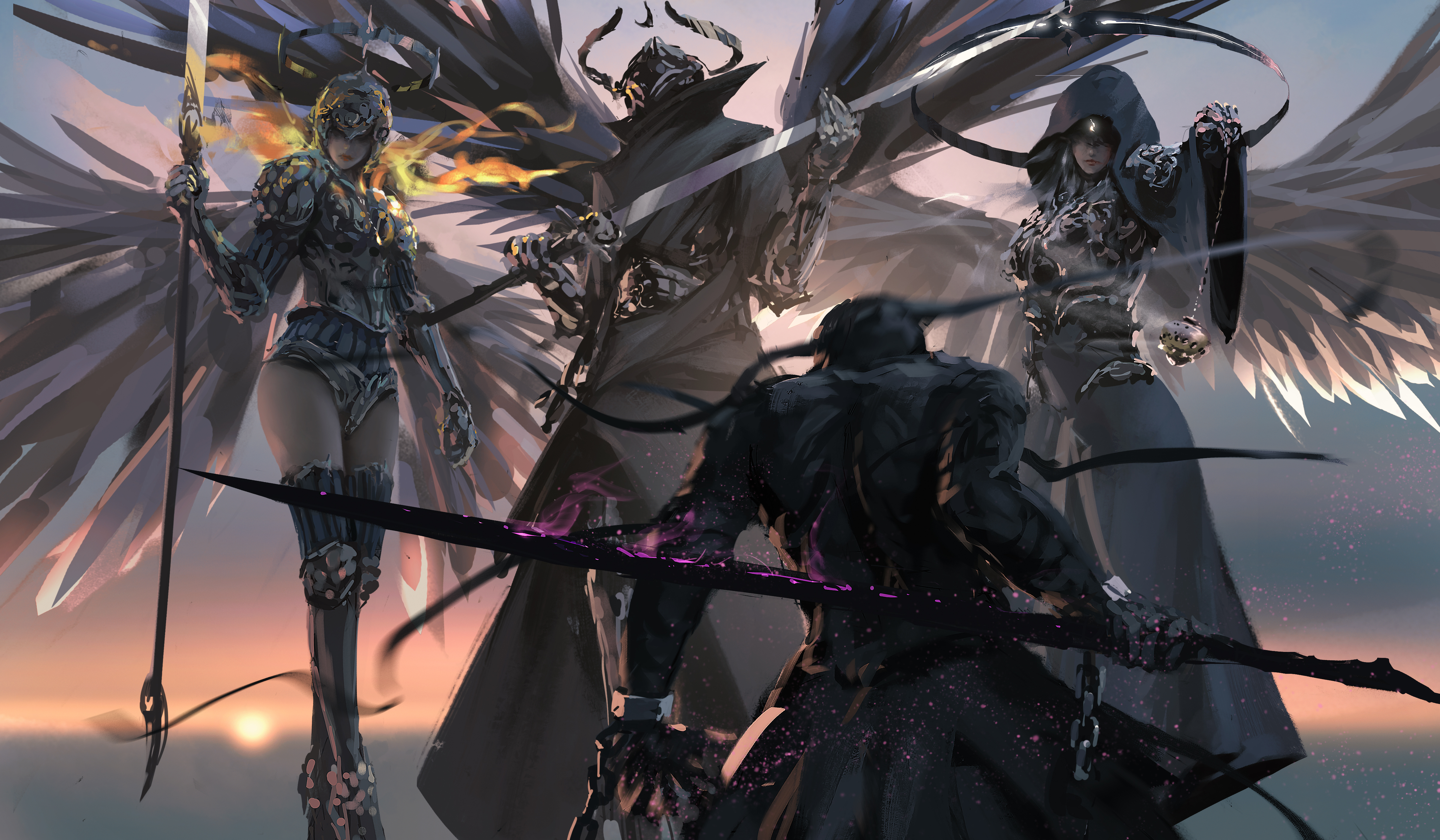Fantasy angels with swords and scythes HD Wallpaper