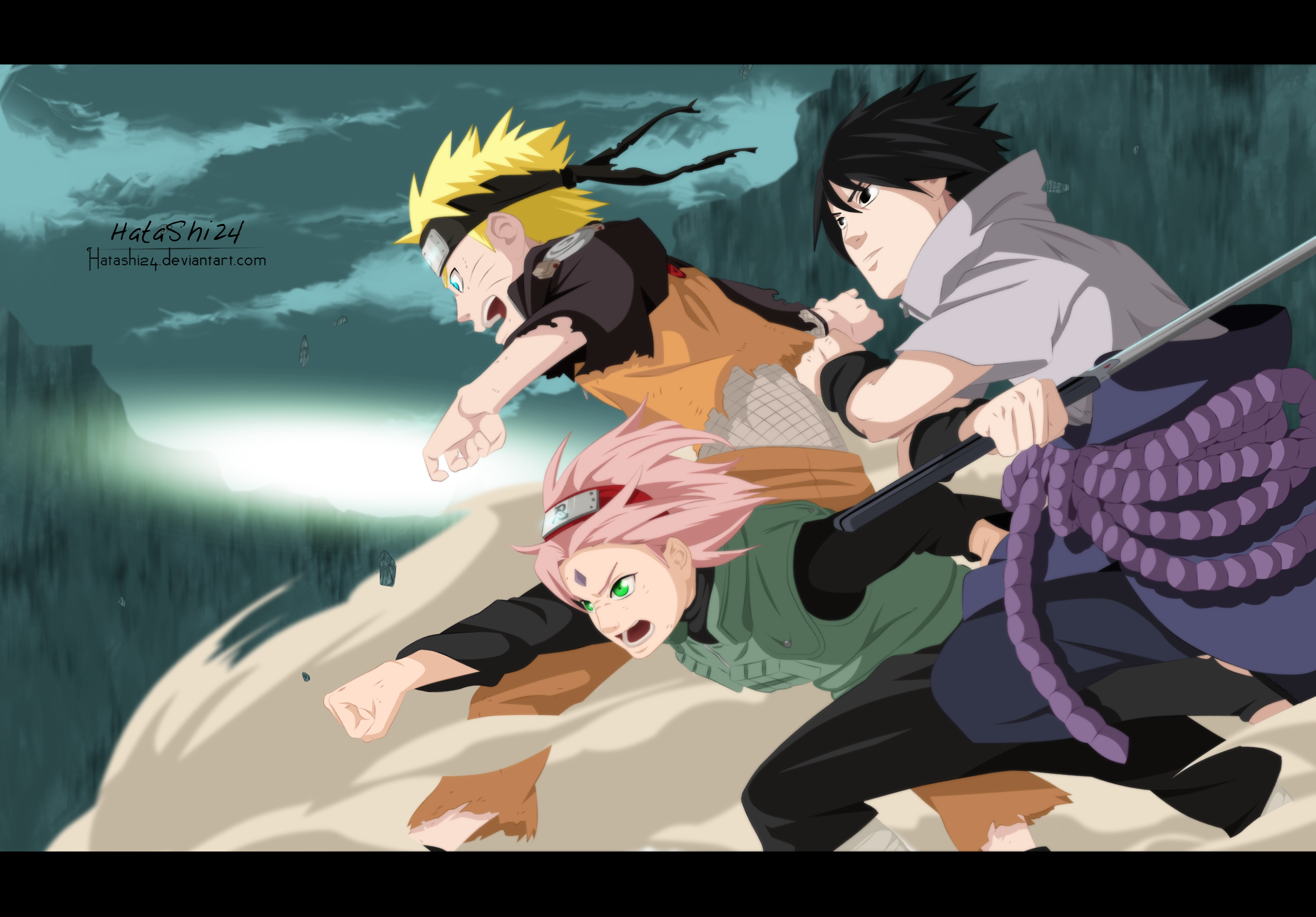 Naruto, Sasuke, and Sakura running in a desert HD Wallpaper
