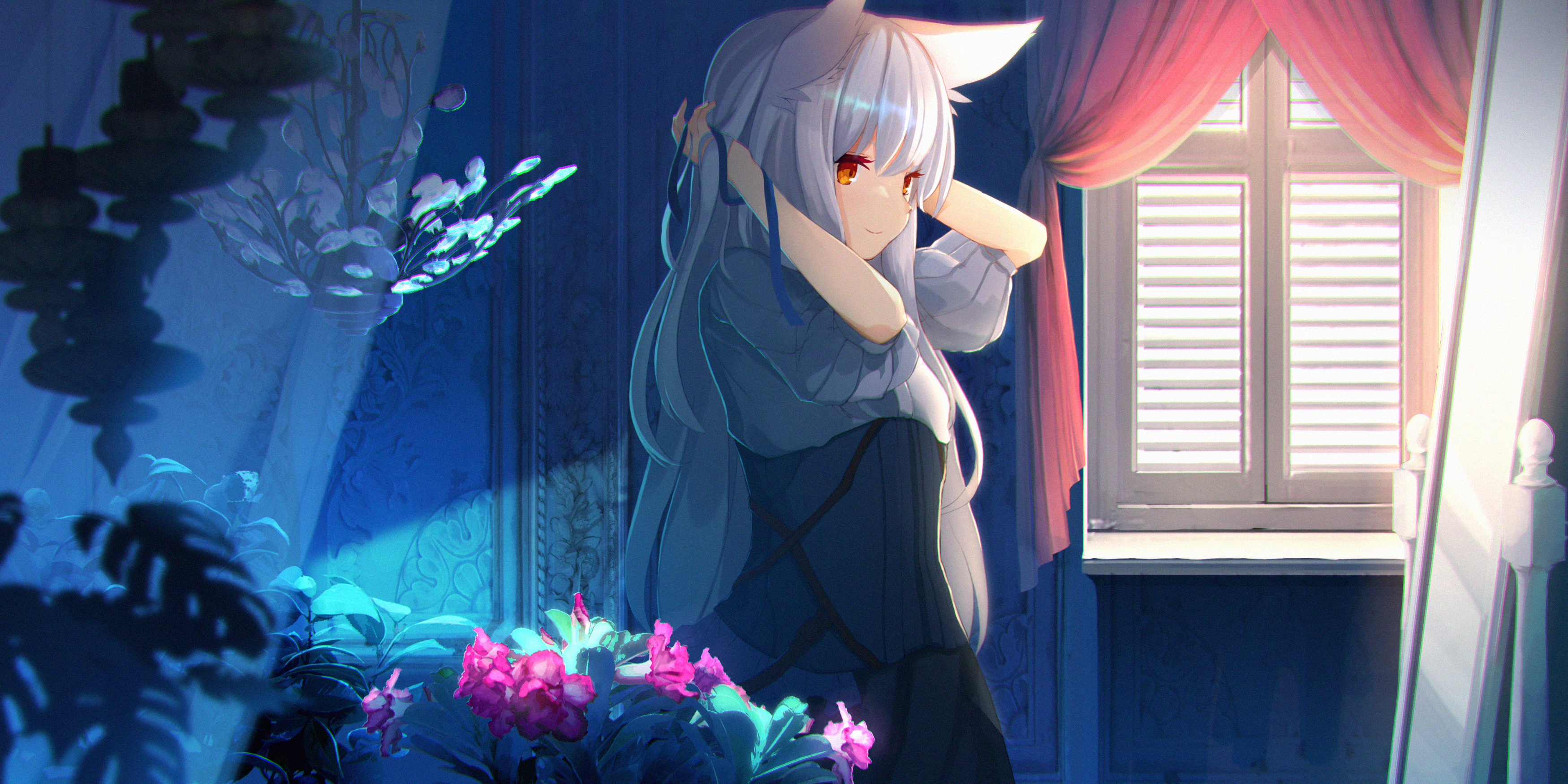 Anime girl with white hair and animal ears styling hair HD Wallpaper