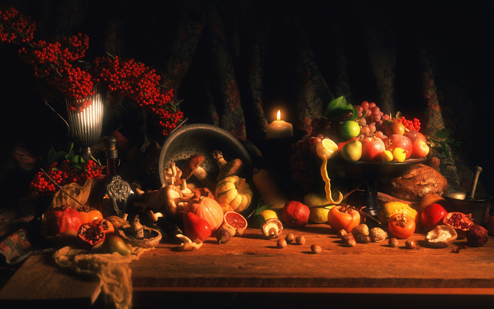 Rustic Thanksgiving Still Life with Fruits and Vegetables HD Wallpaper
