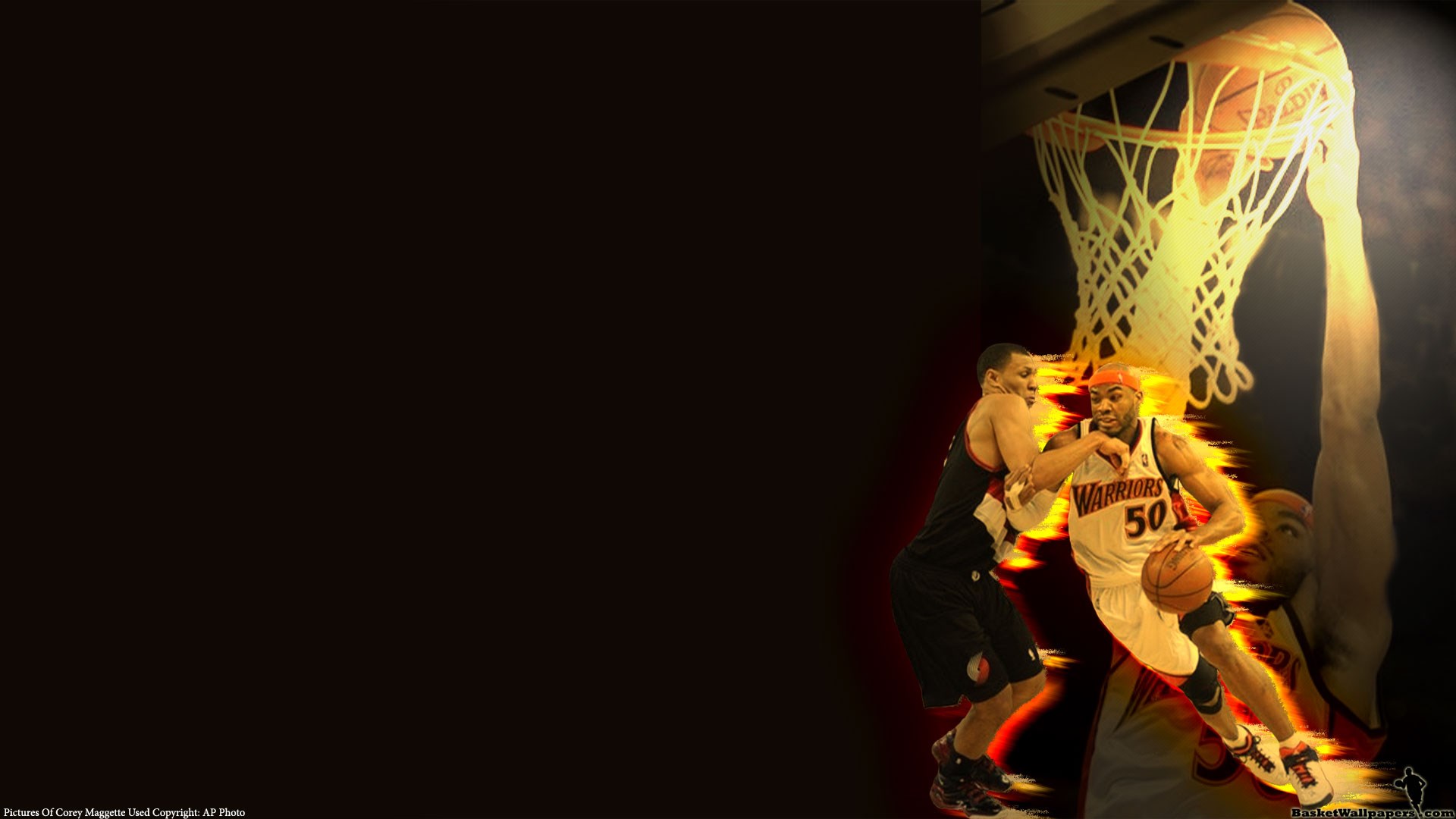 Basketball players in action near a hoop HD Wallpaper