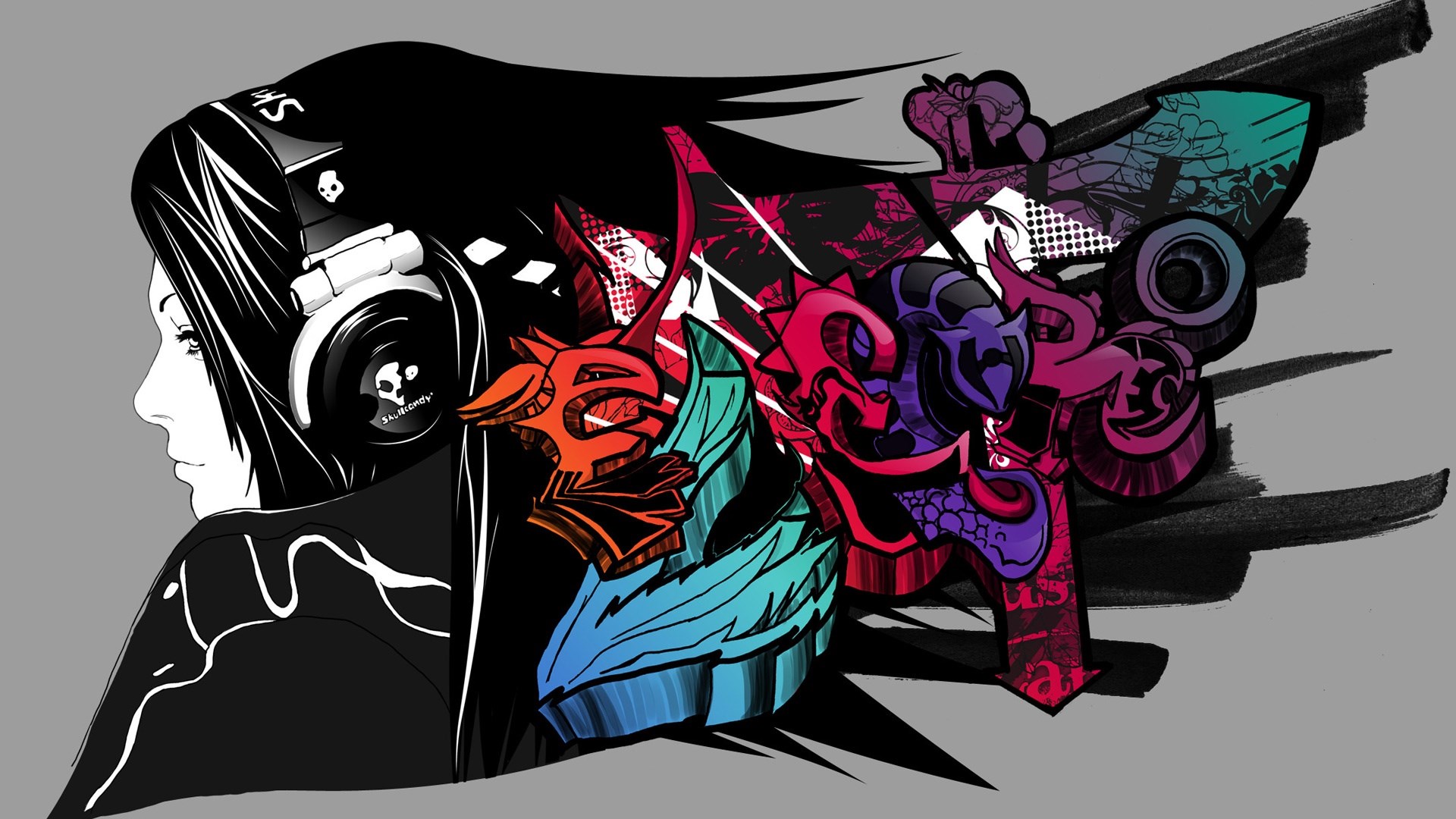 Girl with headphones and abstract graffiti art HD Wallpaper