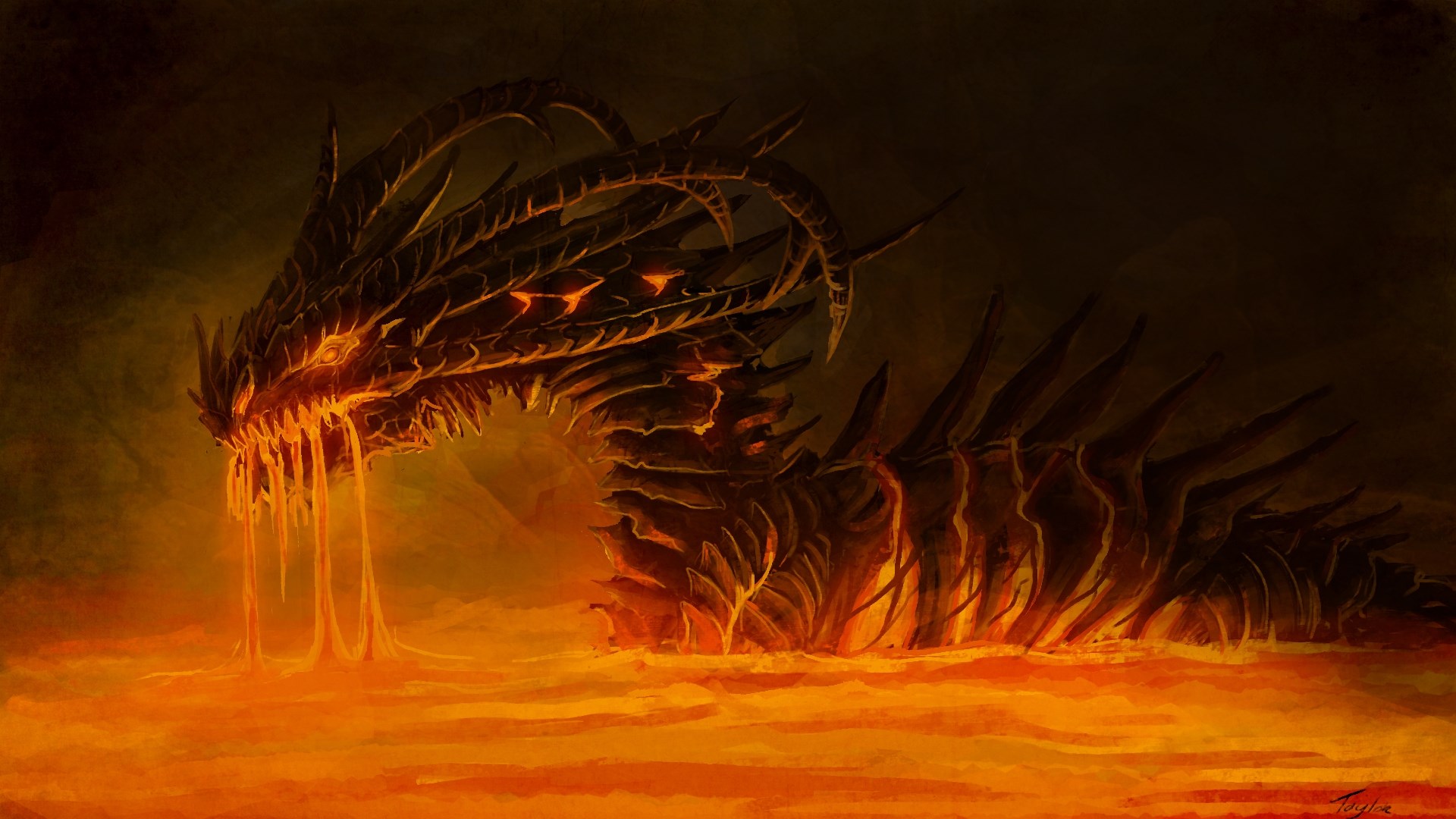 Dragon emerging from lava HD Wallpaper