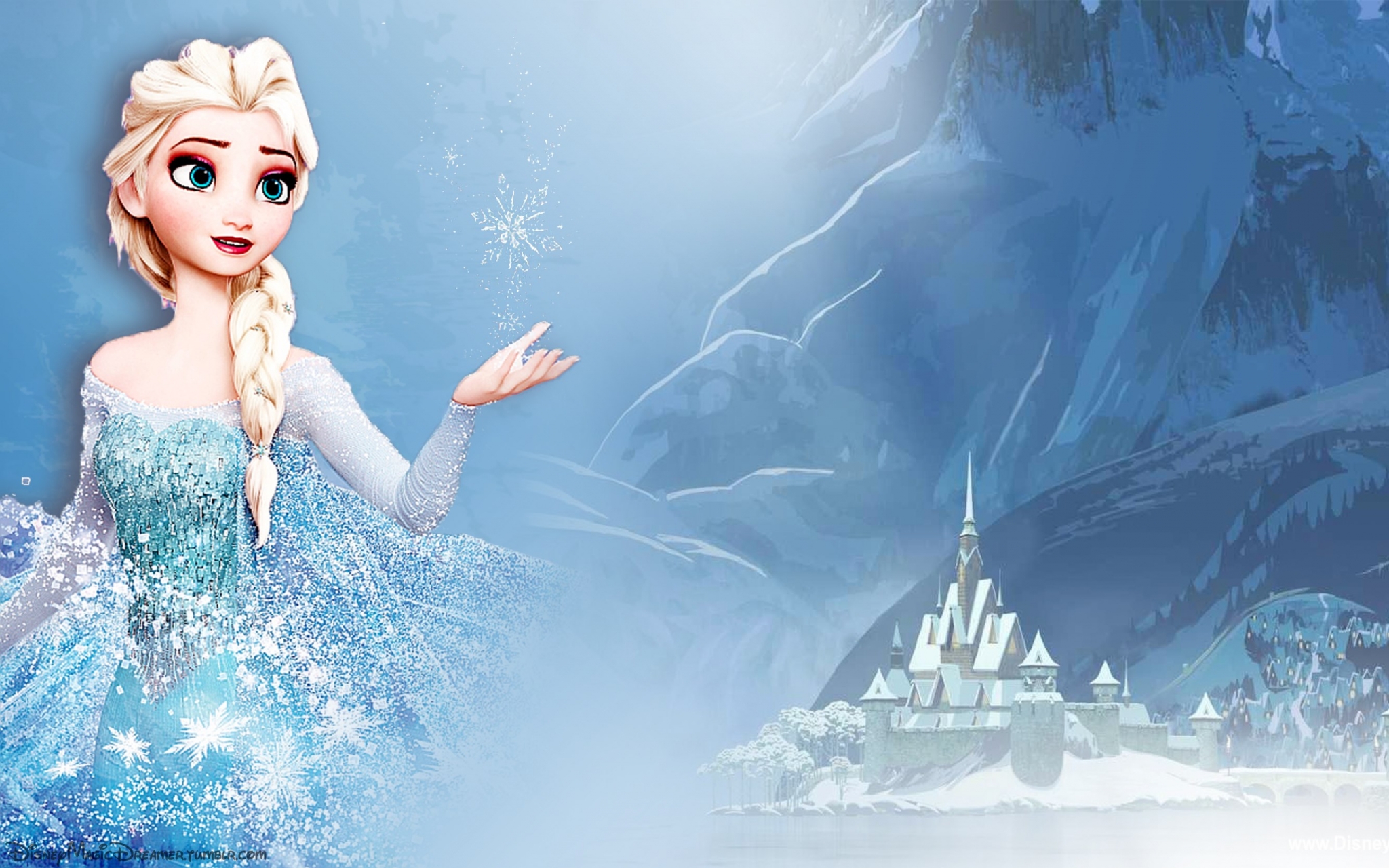 Elsa from Frozen with ice castle and mountains HD Wallpaper