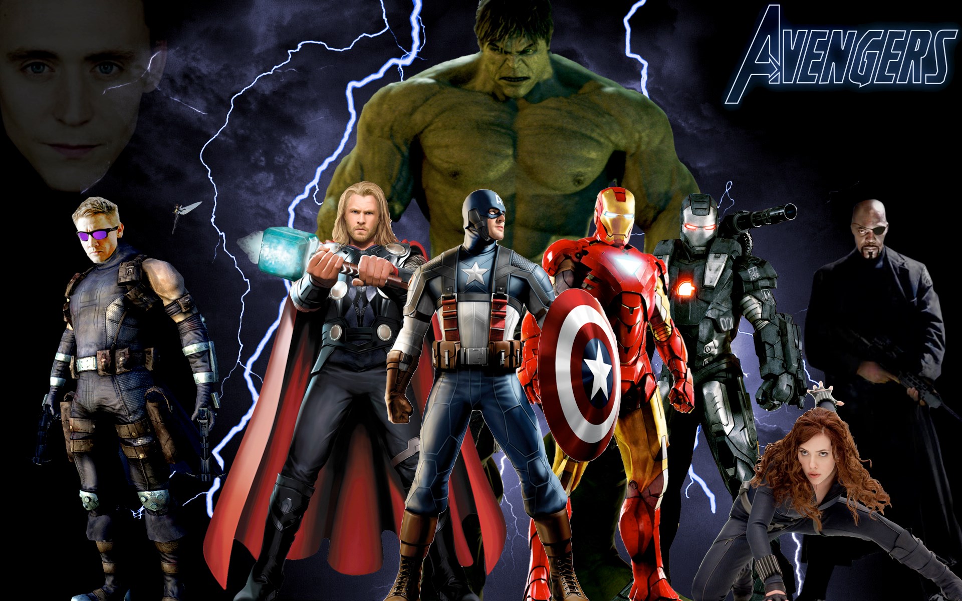 Avengers Assemble with Hulk, Thor, Iron Man, Captain America, Hawkeye, War Machine, Nick Fury, Black Widow, and Loki HD Wallpaper