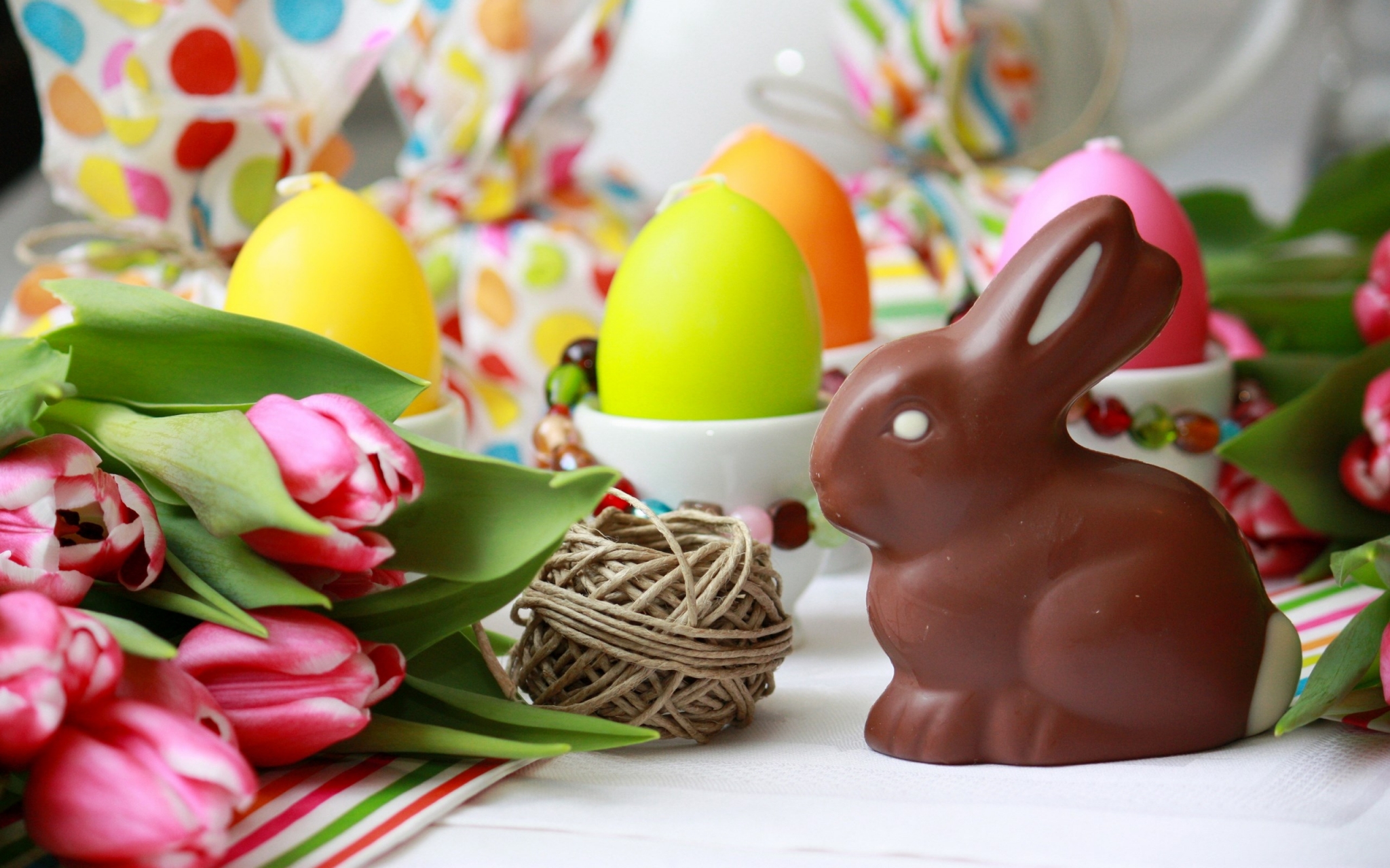 Easter Chocolate Bunny and Tulips HD Wallpaper