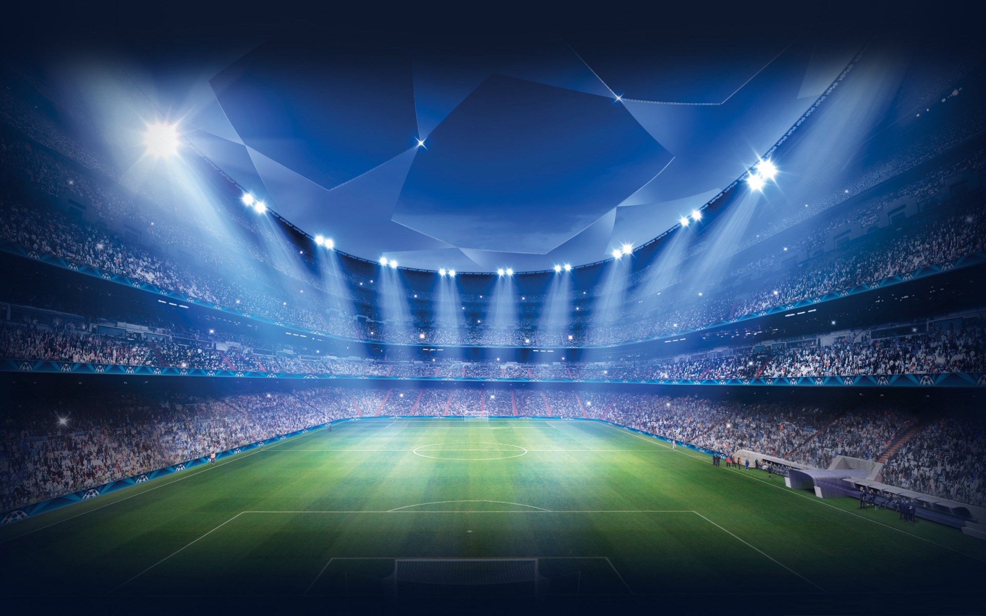 Football stadium with bright lights and spectators HD Wallpaper