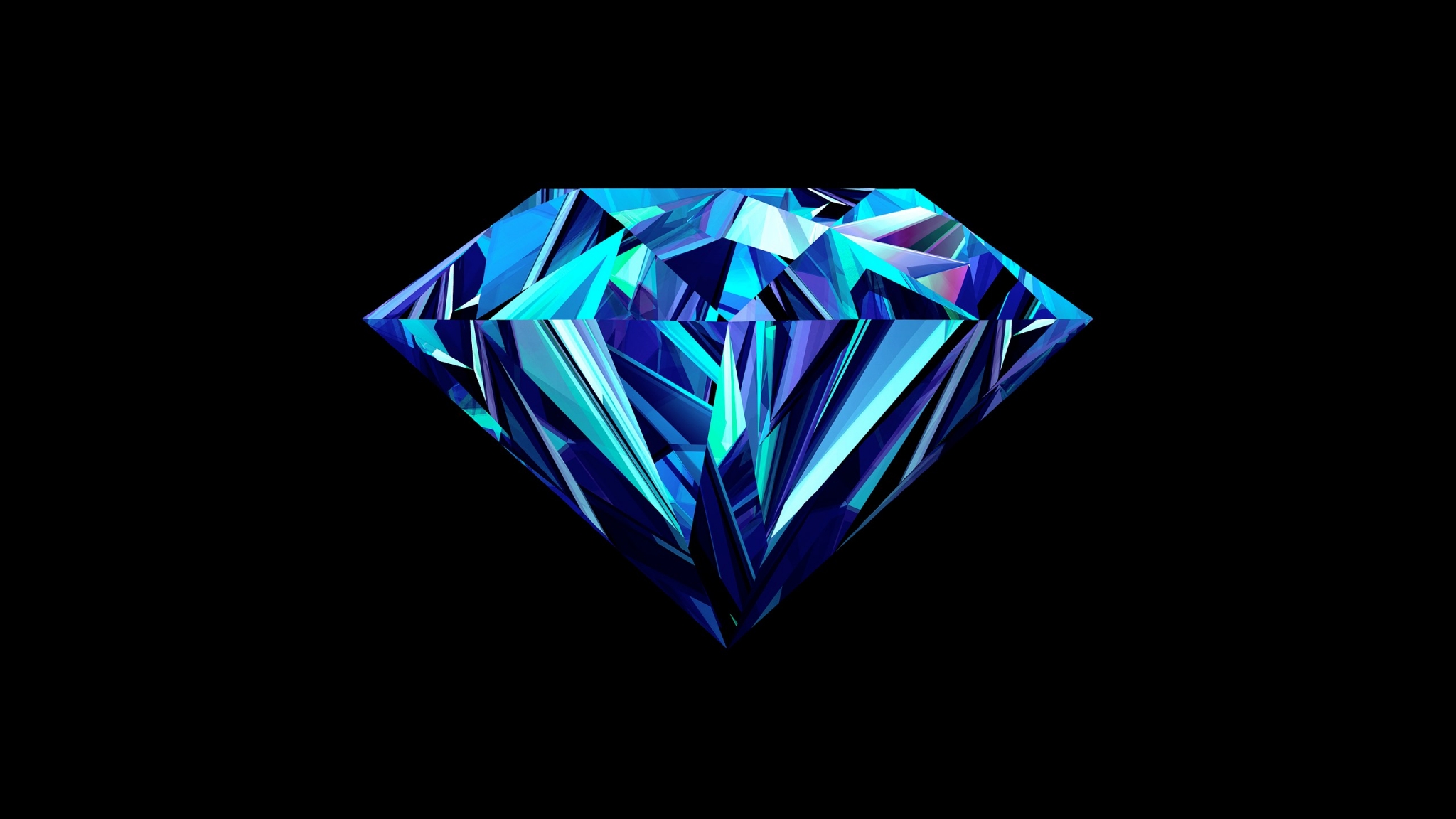 Blue and cyan faceted diamond on black background HD Wallpaper