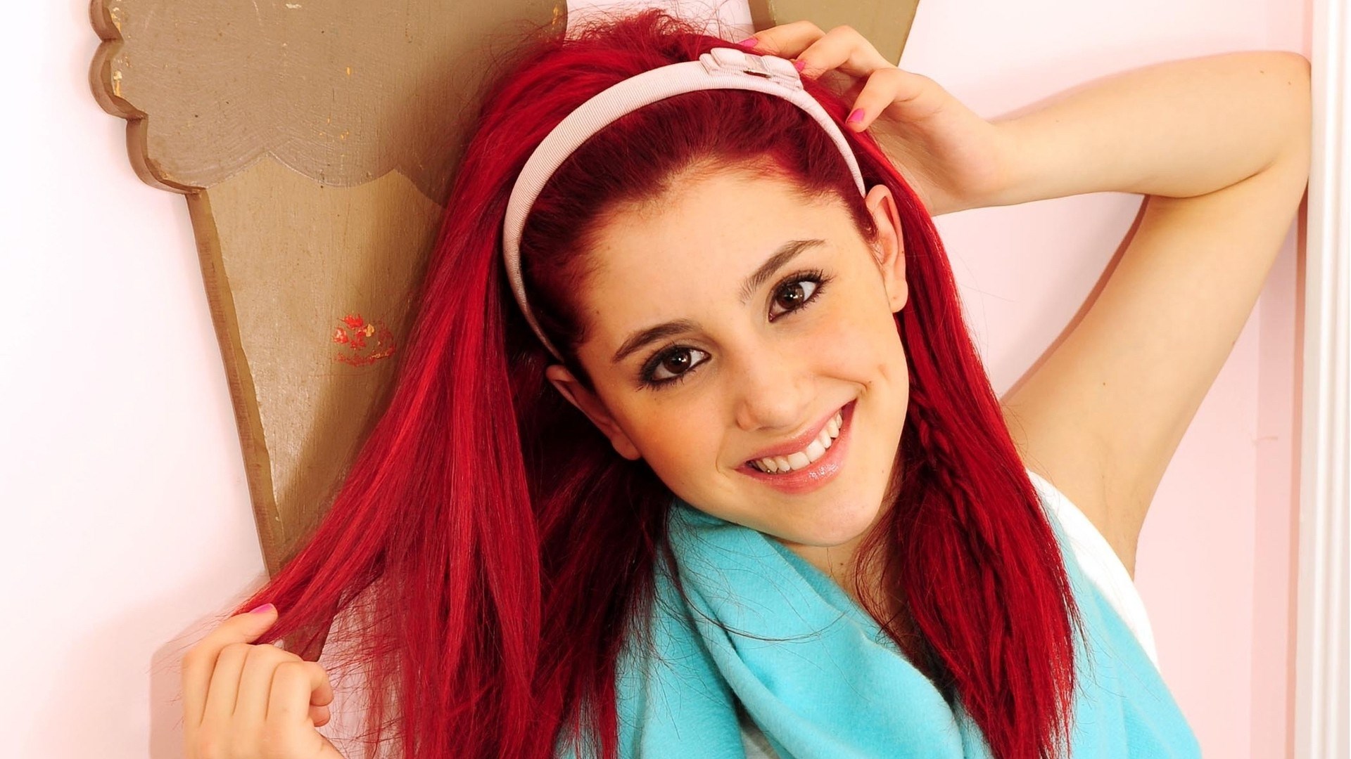 Ariana Grande with red hair and blue scarf HD Wallpaper