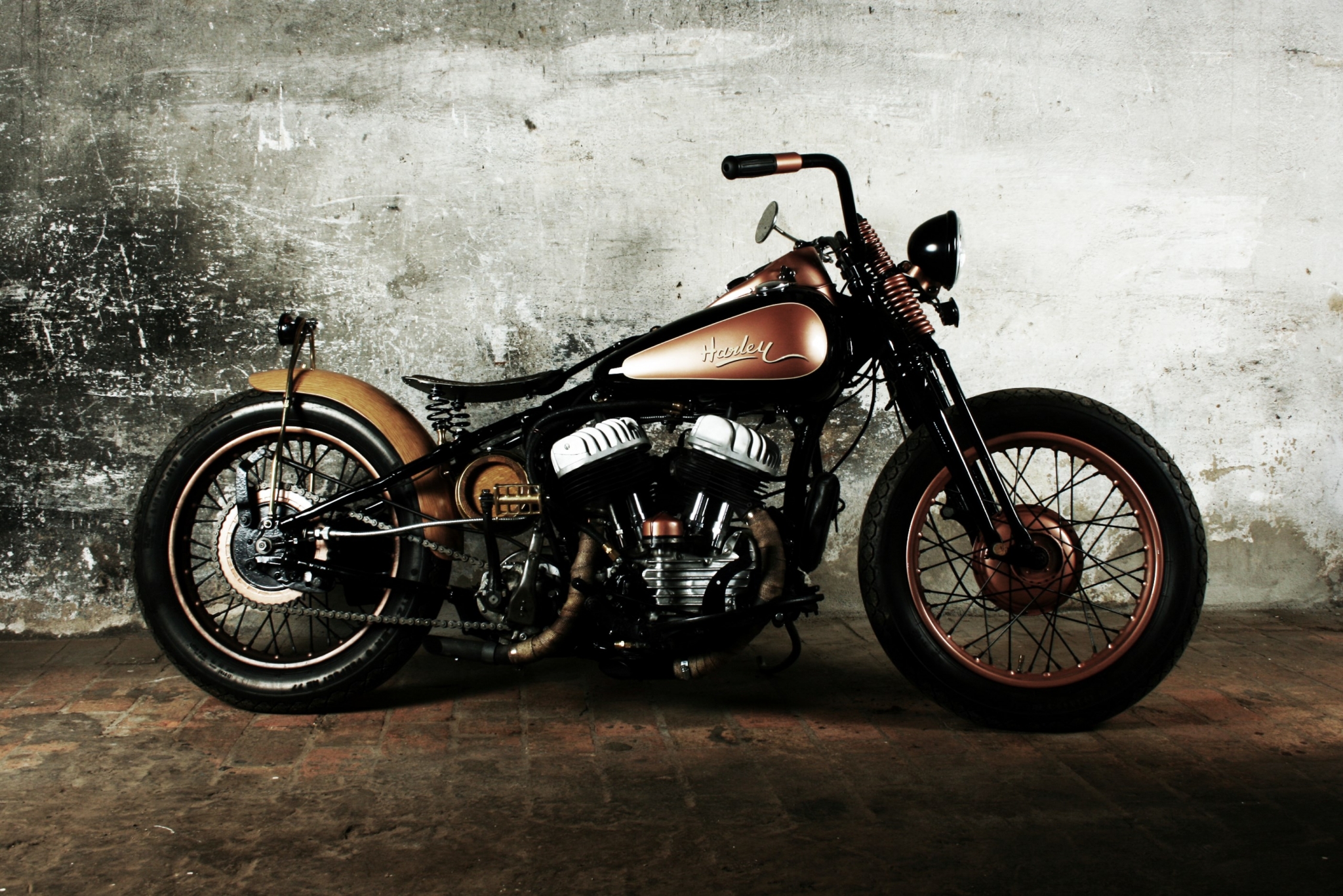 Custom Harley Davidson motorcycle in a studio HD Wallpaper