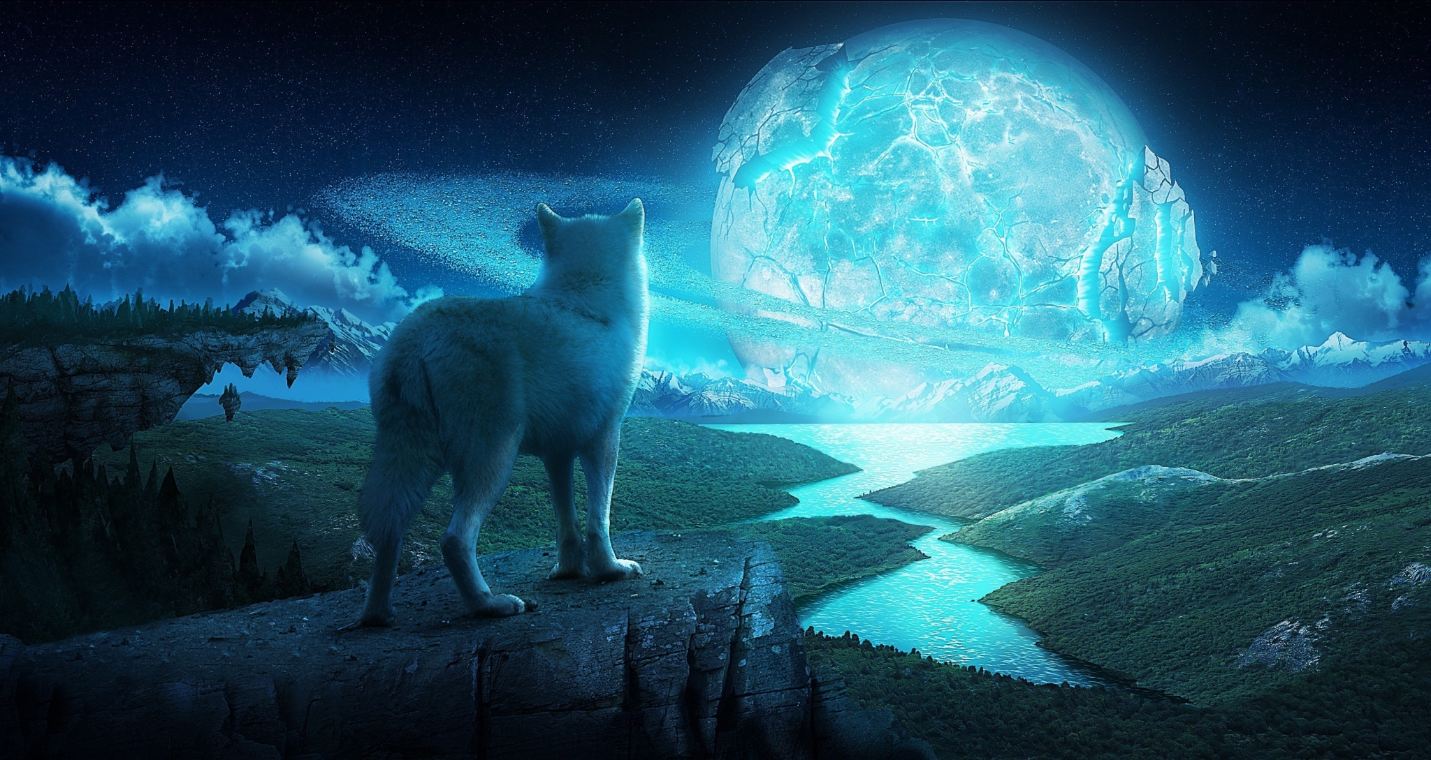 Fantasy wolf looking at a glowing planet HD Wallpaper