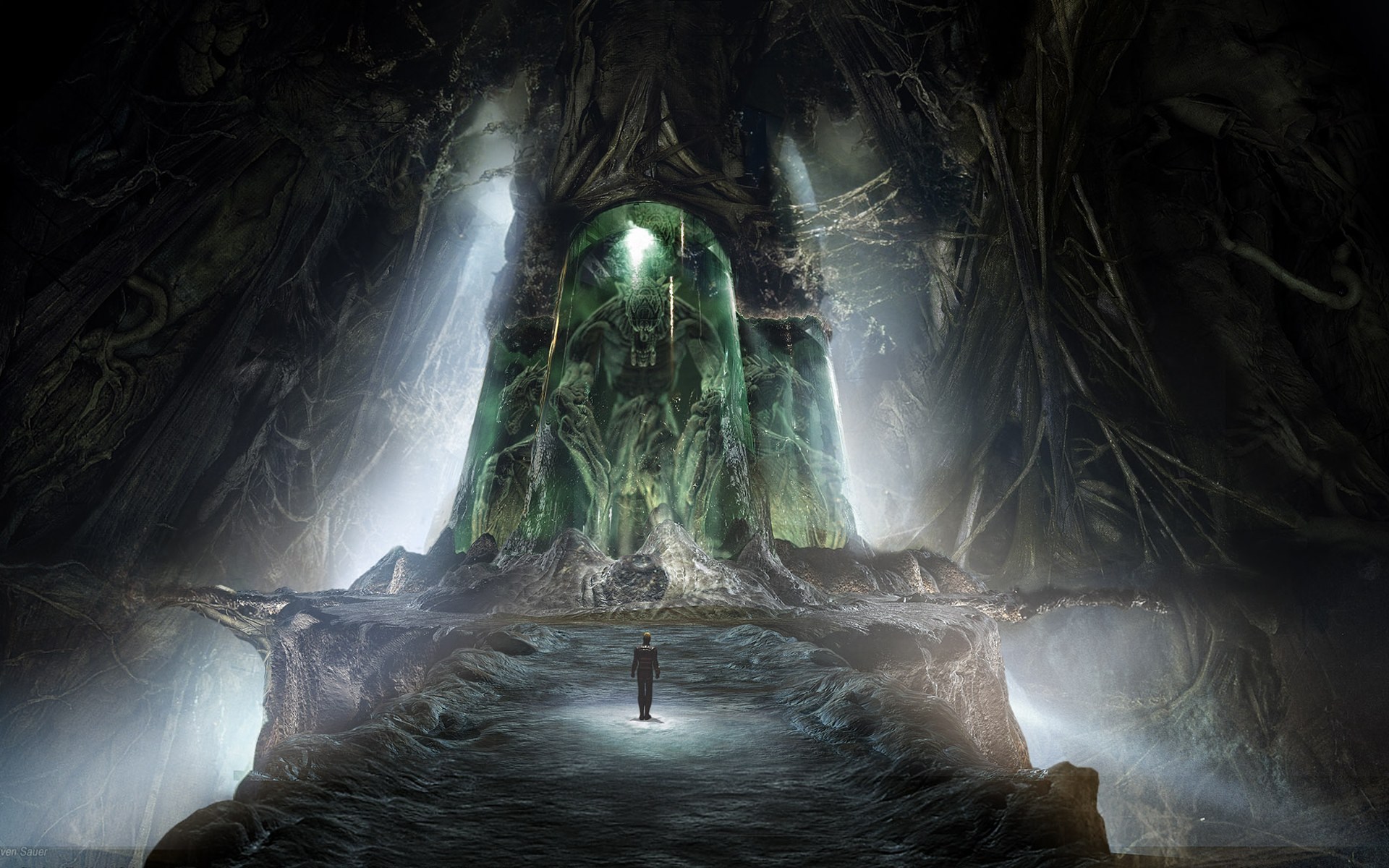 Creature in a green containment pod in a cave HD Wallpaper