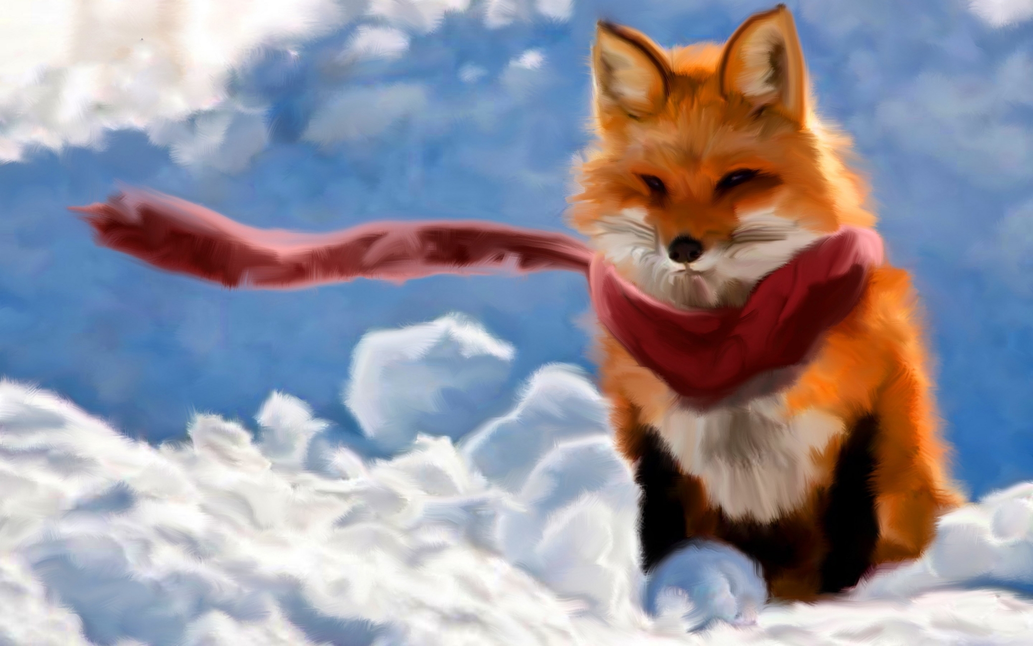 A fox wearing a red scarf in the snow HD Wallpaper