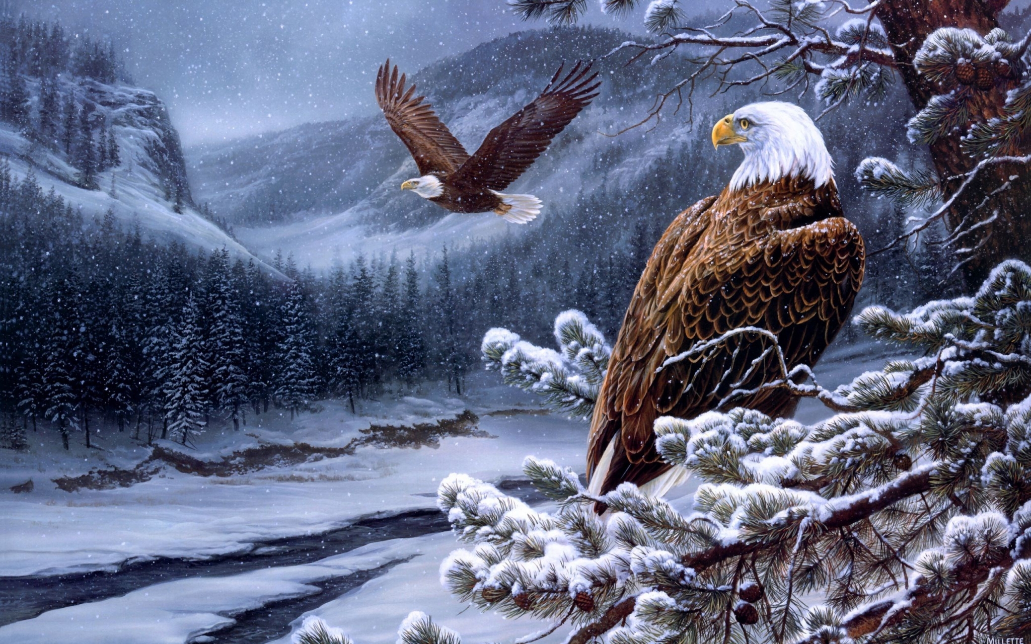 Two eagles in a snowy mountain landscape HD Wallpaper