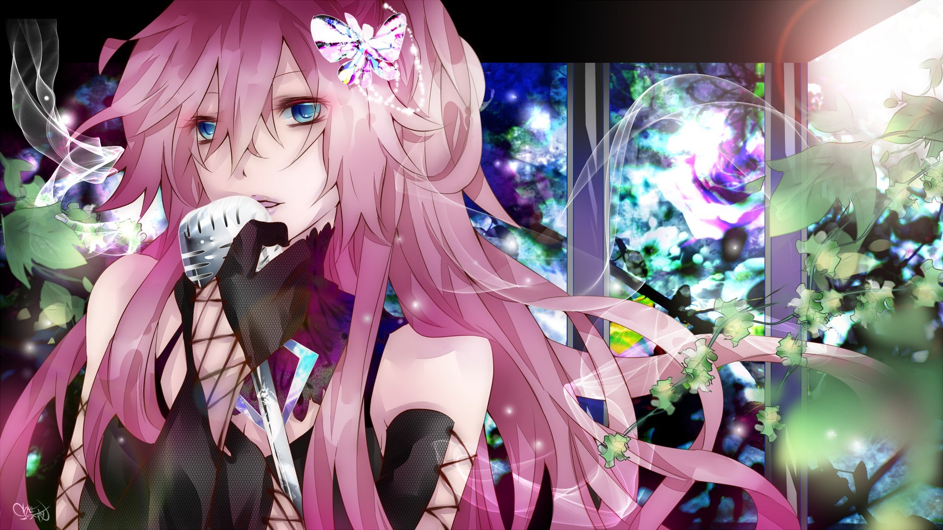 Anime girl with pink hair singing into microphone HD Wallpaper