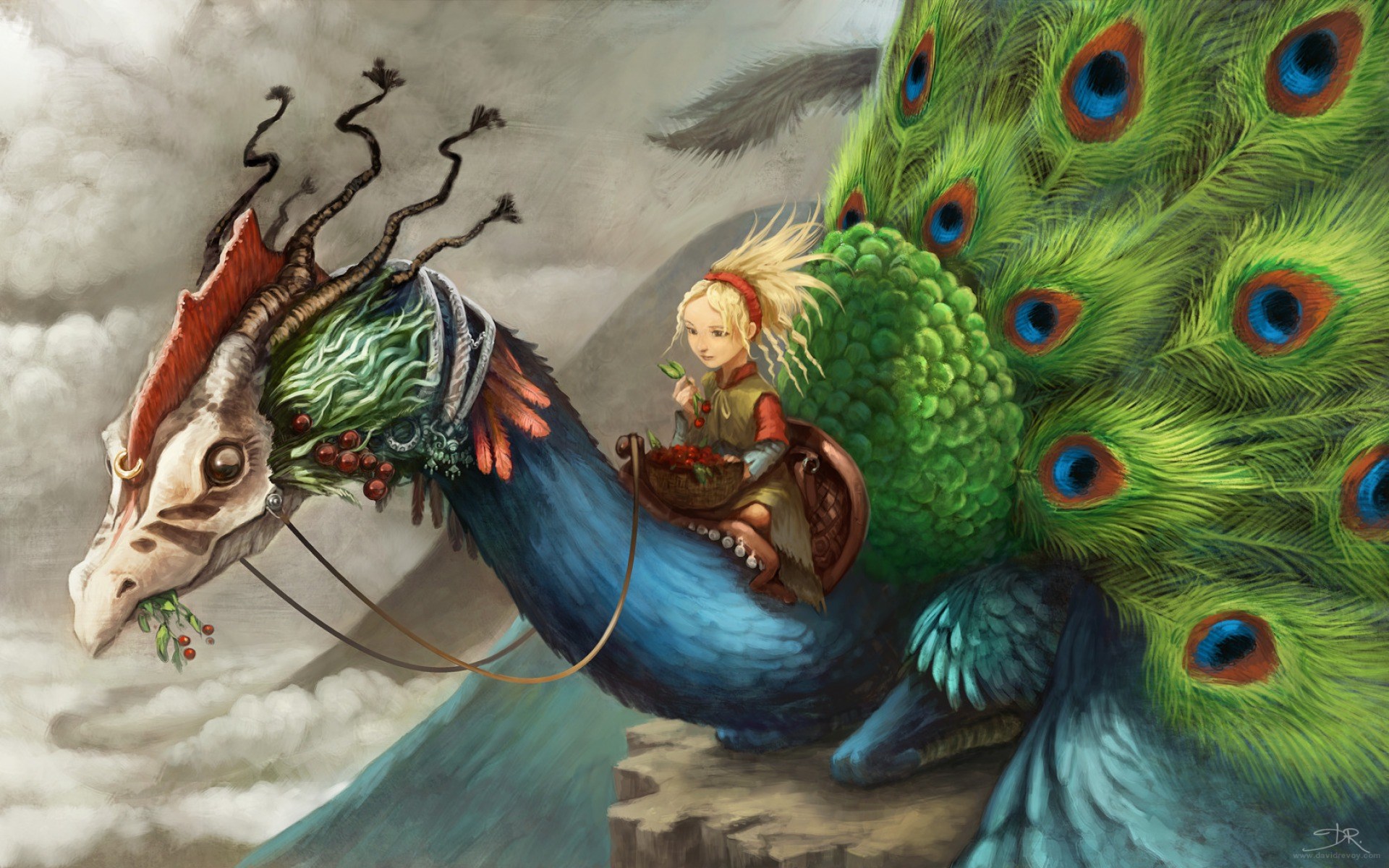 Girl riding a peacock-like creature HD Wallpaper