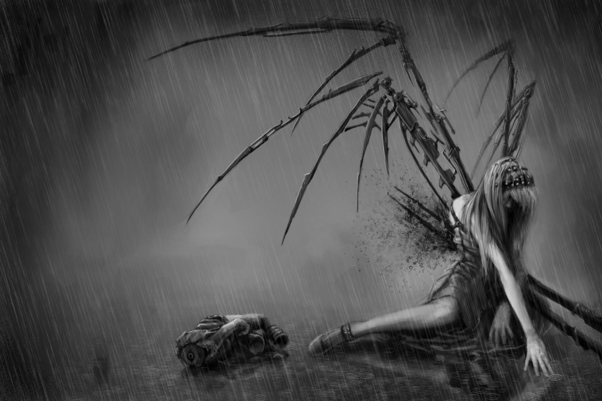 Horror creature with mechanical wings in the rain HD Wallpaper