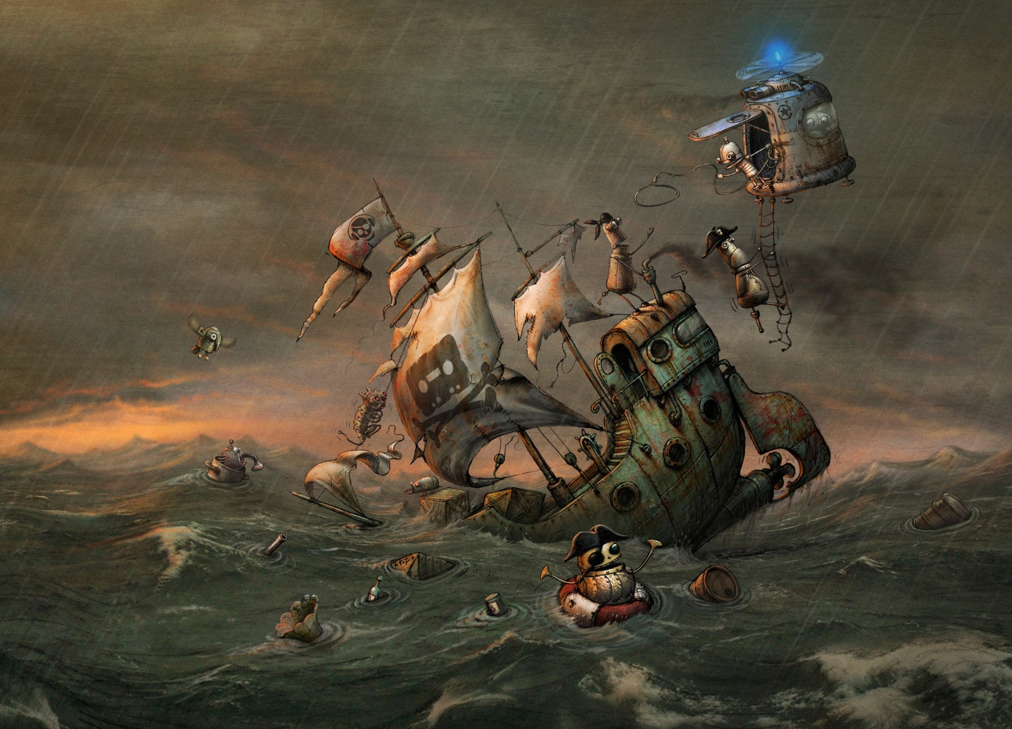 Pirate ship in a storm with a helicopter HD Wallpaper