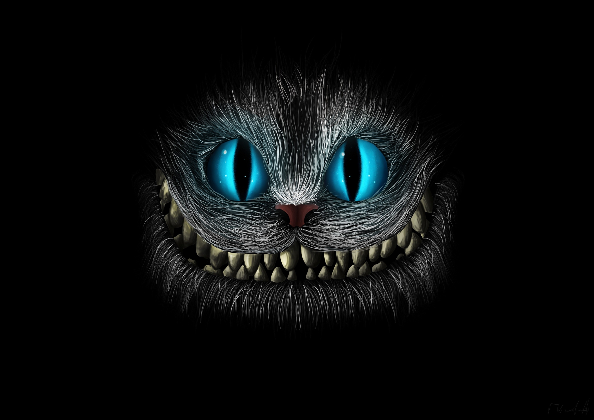 Cheshire Cat with glowing blue eyes and sharp teeth HD Wallpaper
